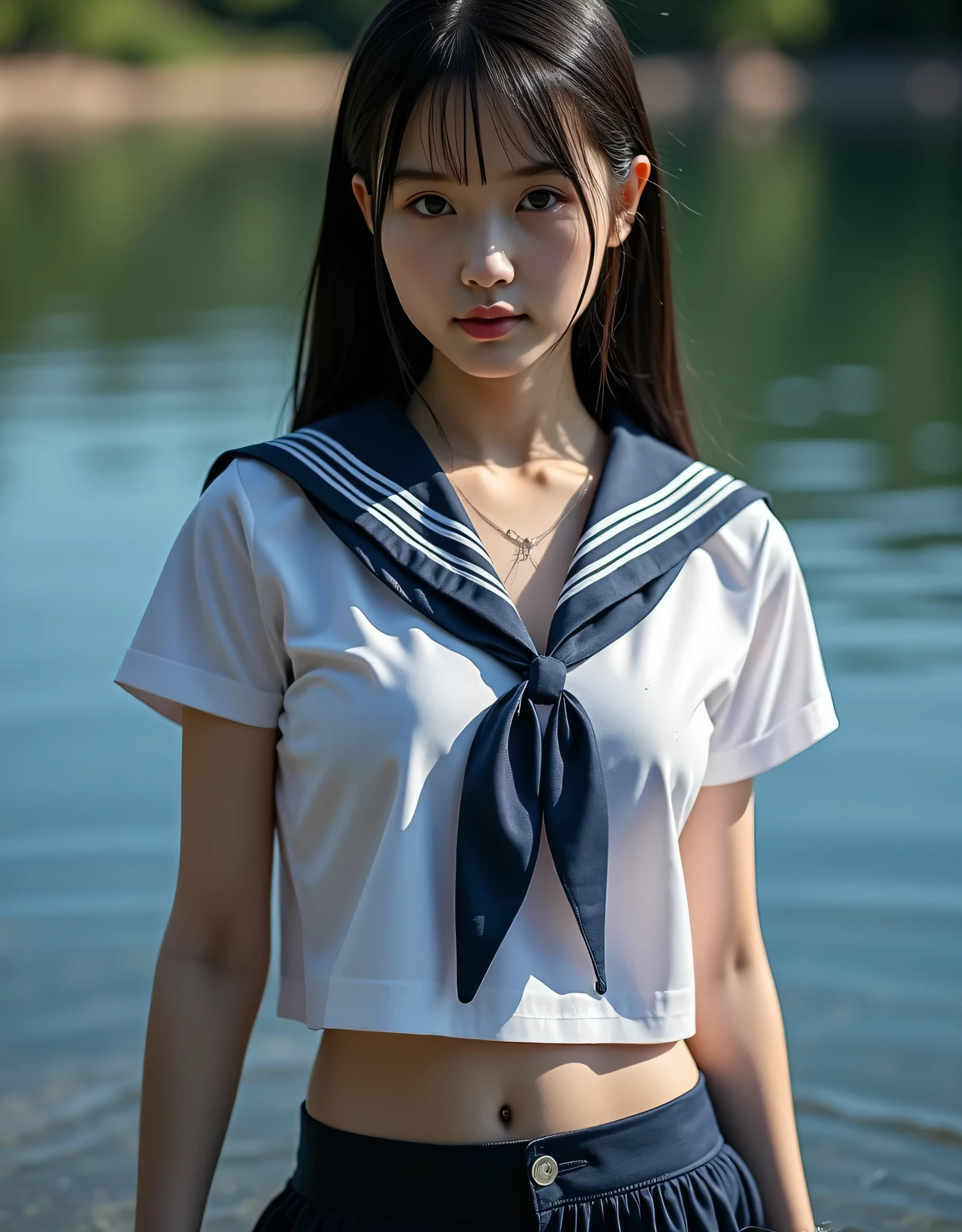 1girl, japanese, solo, sailor uniform, outdoor, in the water, nipple see through, wet clothes, wet shirt, wet skirt, see through, shirt lift, photorealistic, 8k, high quality, masterpiece, cinematic lighting, dramatic lighting, dramatic, vibrant colors, hyper detailed, realistic, photograph