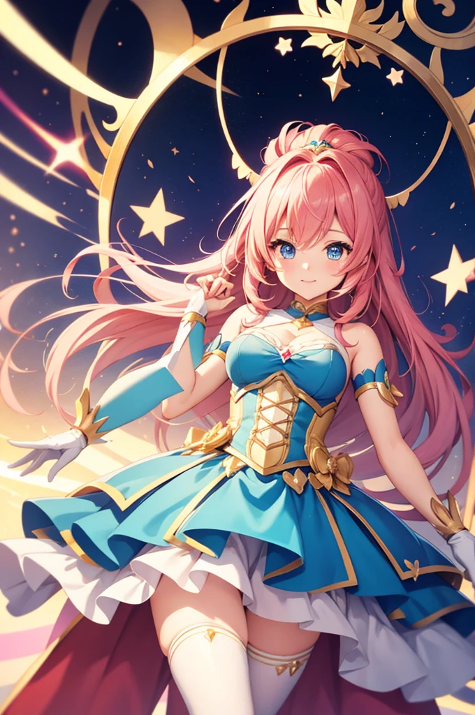 ((magical woman)), ((gorgeous starry sky background)), ((ultra-detailed)), ((best illustration)), ((cinematic lighting)), dynamic angle, floating, finely detailed, (glitter:1.2), (sparkle:1.2), (shine:1.2), classic, (painting:1.1), (sketch:1.1), (best quality), (masterpiece:1.2), (anime style), (solo), beautiful detailed face, (cute face:1.3), (big eyes:1.3), colorful hair, (long hair:1.2), (floating hair:1.2), (magical girl outfit), detailed outfit, (sparkling wand:1.3), (magical effects:1.3), (flowing skirt:1.2), (cute boots:1.1), (transparent fabric:1.1), (twinkle:1.2), (glow:1.2), (radiance:1.2), (flicker:1.2), (dazzle:1.2)