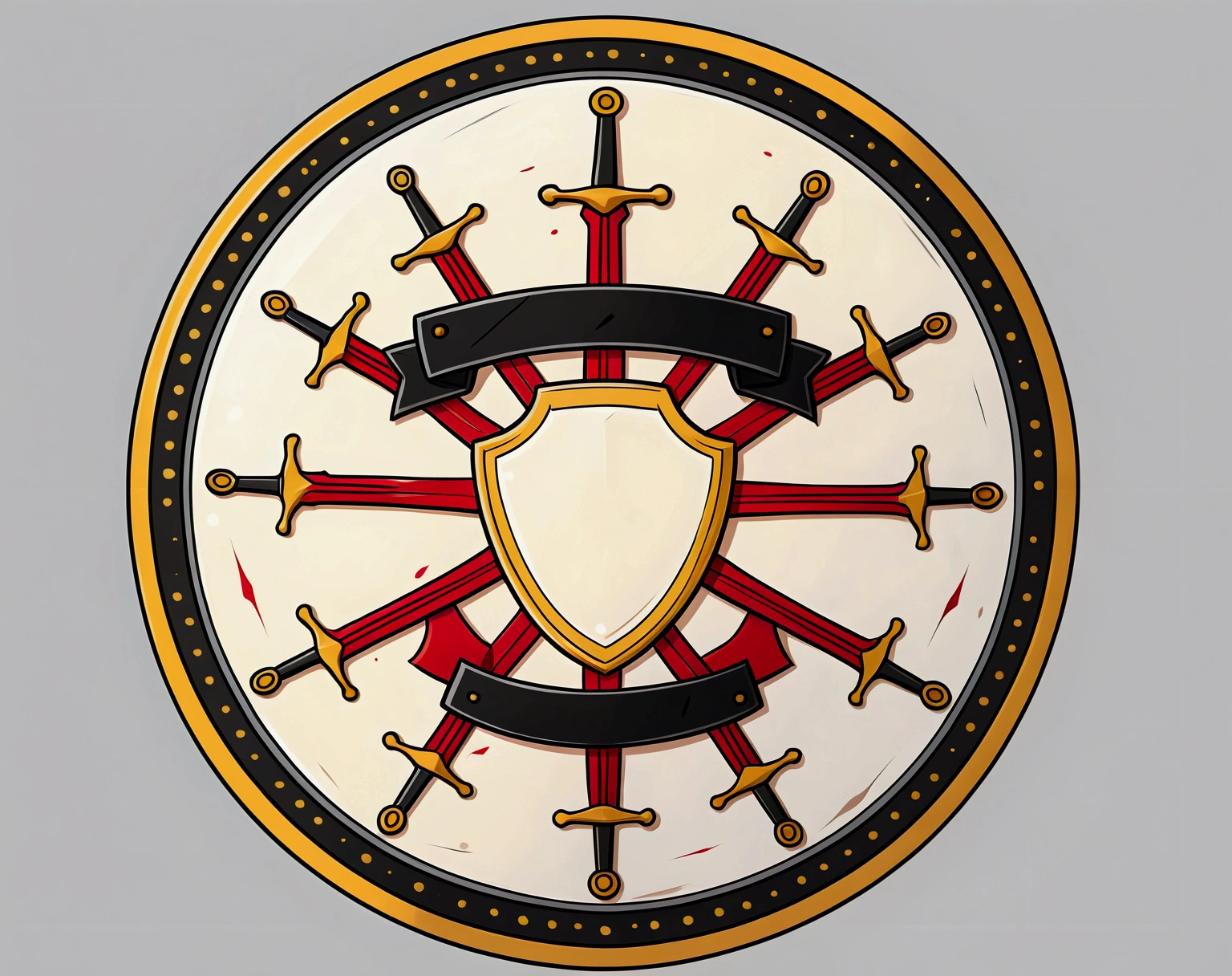 Paint the image of a shield with 12 swords forming a circle without changes using the colors red, black, yellow and white with a white background.