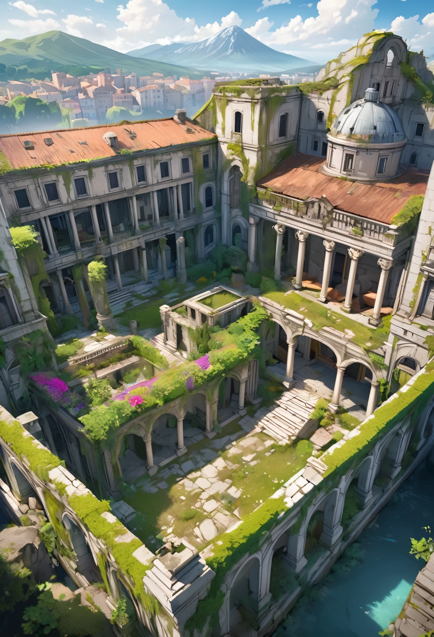 aerial view, Fantasy roman stately house, grey stone, abandoned, ruins, under restoration, inner courtyard, vegetation, lianas, ivy, wild colorful flowers, stone walls, columns, mountain dirty stone city