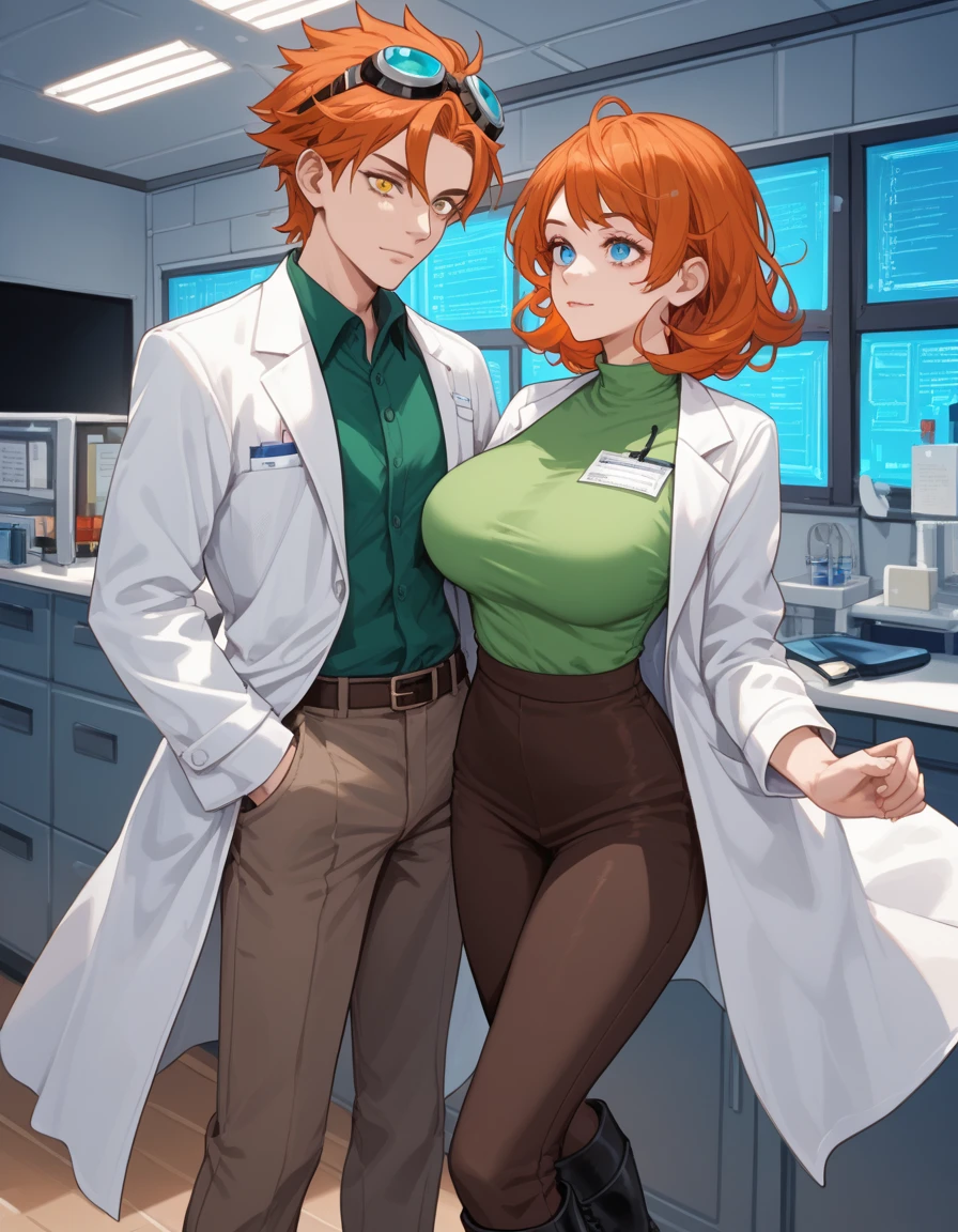 A man with messy red hair,blue eyes,lab coat, brown pants,black boots, goggles, One lens of the goggles is red and the other lens is blue., mad scientist,BREAK,A woman,long orange hair,big breasts,heterochromia eyes,left eye green,right eye yellow,He wears a short-sleeved gray-green shirt with a bow,a long gray brown skirt, robotics teacher, formal teacher,couple 