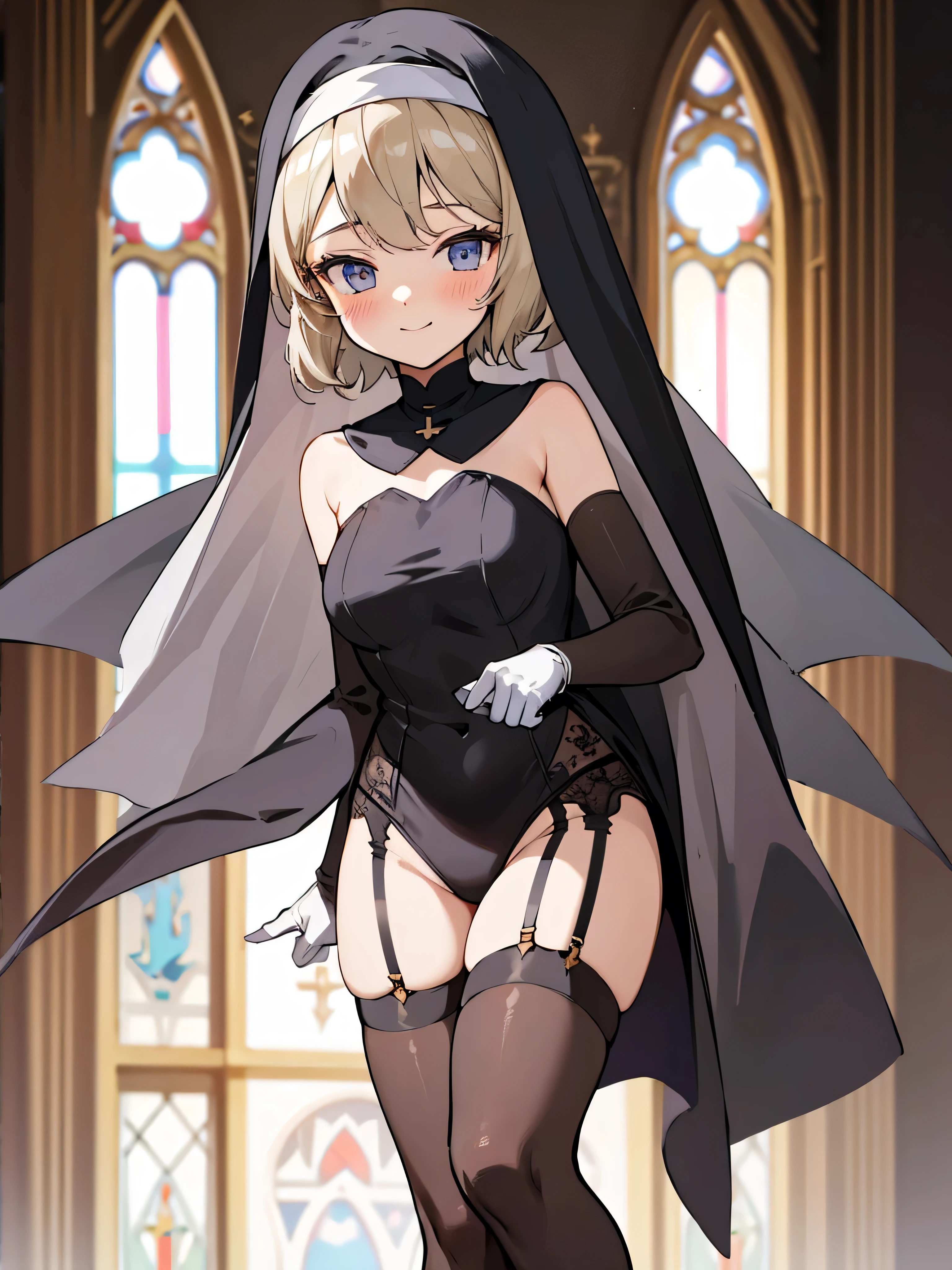 1girl, Masterpiece, Blush, Smile, Looking at viewer, Black leotard nun, indoor, church Black Stocking, Black Garter Belt, Black Long Glove, Long Hair, black nun veil, 