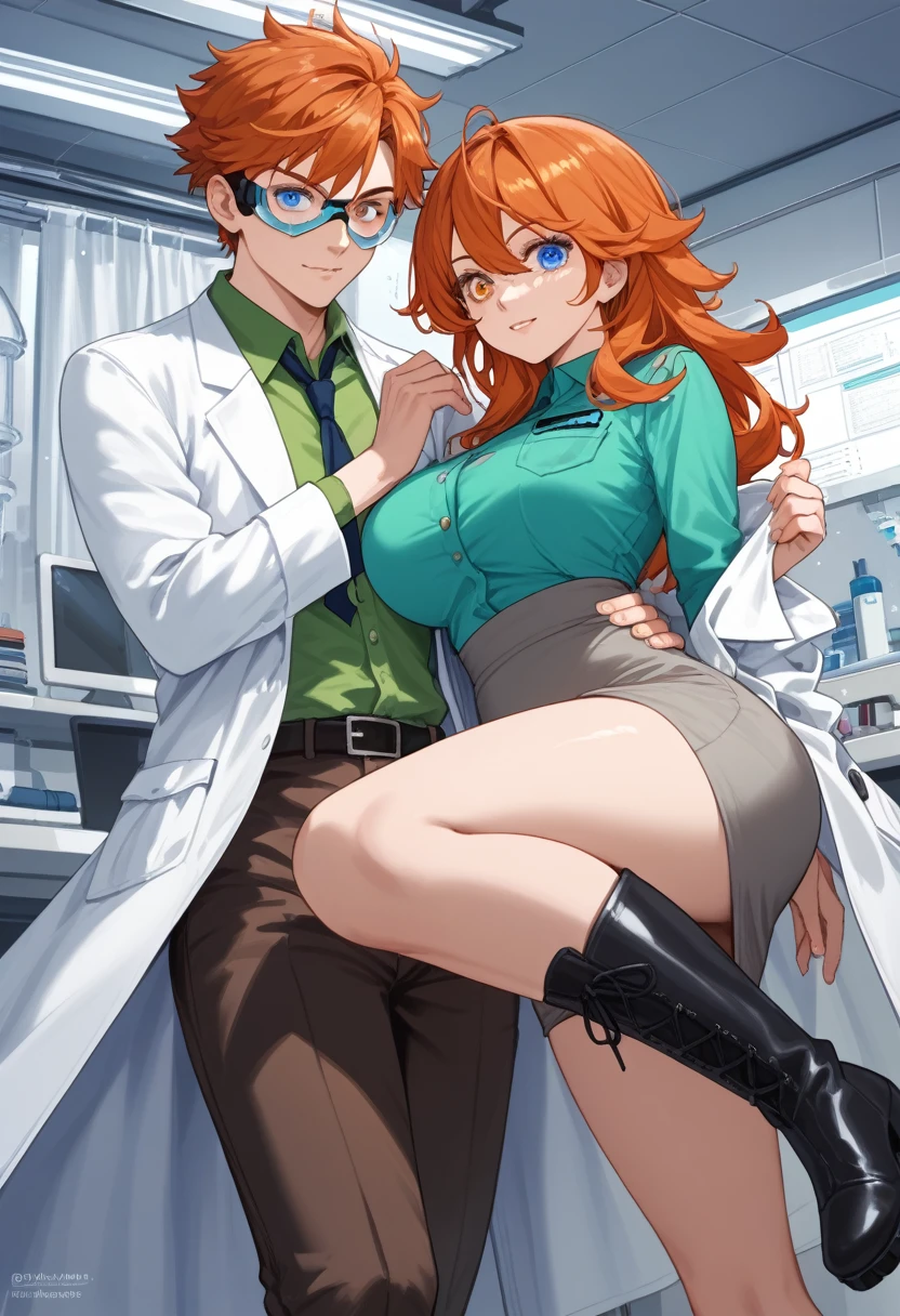 A boy with messy red hair,blue eyes,lab coat, brown pants,black boots, goggles, One lens of the goggles is red and the other lens is blue., mad scientist,BREAK,A woman,long orange hair,big breasts,heterochromia eyes,left eye green,right eye yellow,He wears a short-sleeved gray-green shirt with a bow,a long gray brown skirt, robotics teacher, formal teacher,couple 