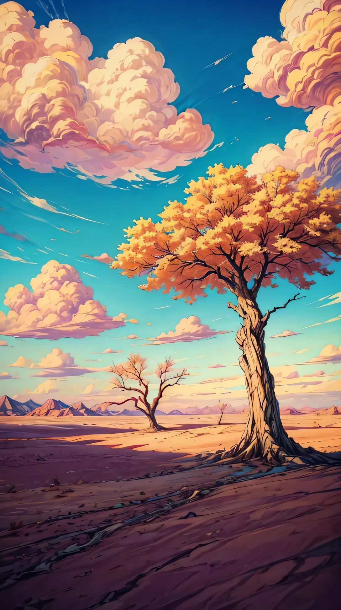 A vast desert with dry, twisted tree, open sky, amazing sky, amazing clouds, beautiful sky, beautiful clouds, colored sky, high qualitity sky, a lot of clouds