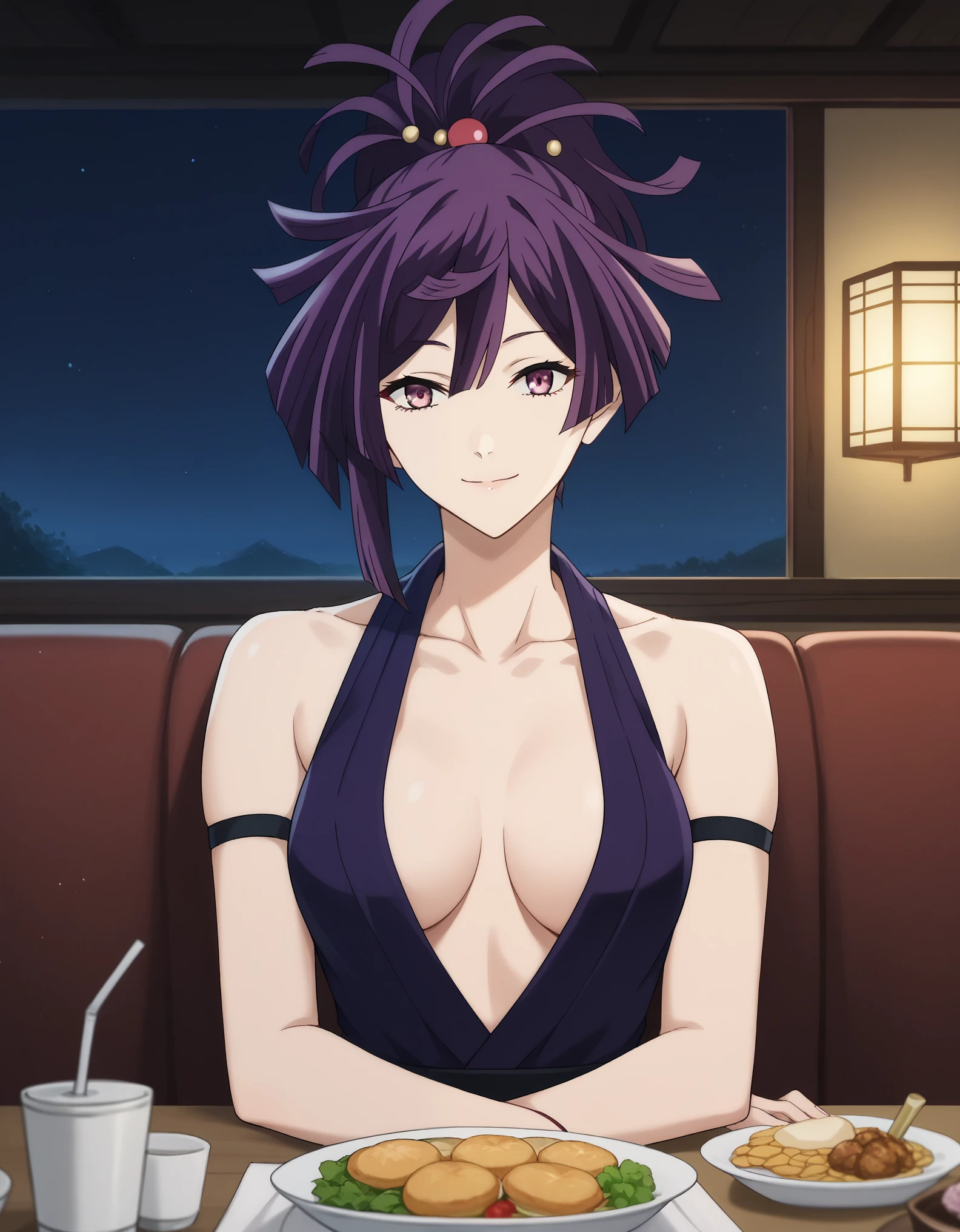 score_9, score_8_up, score_7_up, rating_safe, CONCEPT_PovDating_ownwaifu, solo,1girl,yuzuriha, hair ornament, purple eyes, ponytail, purple hair, collarbone, medium breasts, looking at viewer, indoors, pov across table, sitting, upper body, chair, pov dating, Smile sweetly, night, restaurant, drinks, foods, dishes, luxurious dress, deep cleavage, bare shoulder, night background