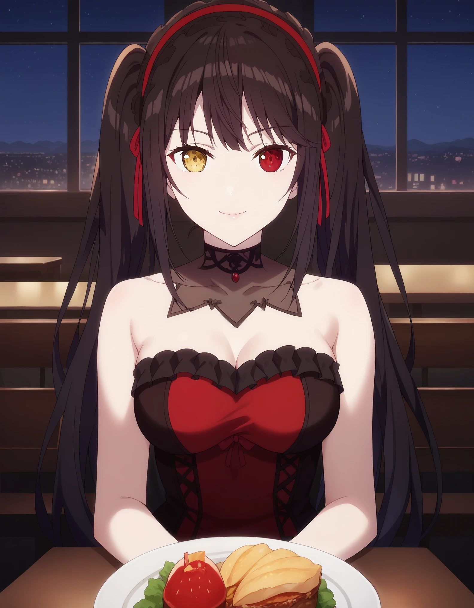 score_9, score_8_up, score_7_up, rating_safe, CONCEPT_PovDating_ownwaifu, solo,1girl,kurumi tokisaki, black hair, red eyes, long hair,
twintails, yellow eyes, hairband, heterochromia, dress, red dress, bare shoulders, collarbone, choker, bowtie, medium breasts, looking at viewer, indoors, pov across table, sitting, upper body, chair, pov dating, Smile sweetly, night, restaurant, drinks, foods, dishes, luxurious dress, deep cleavage, bare shoulder, night background