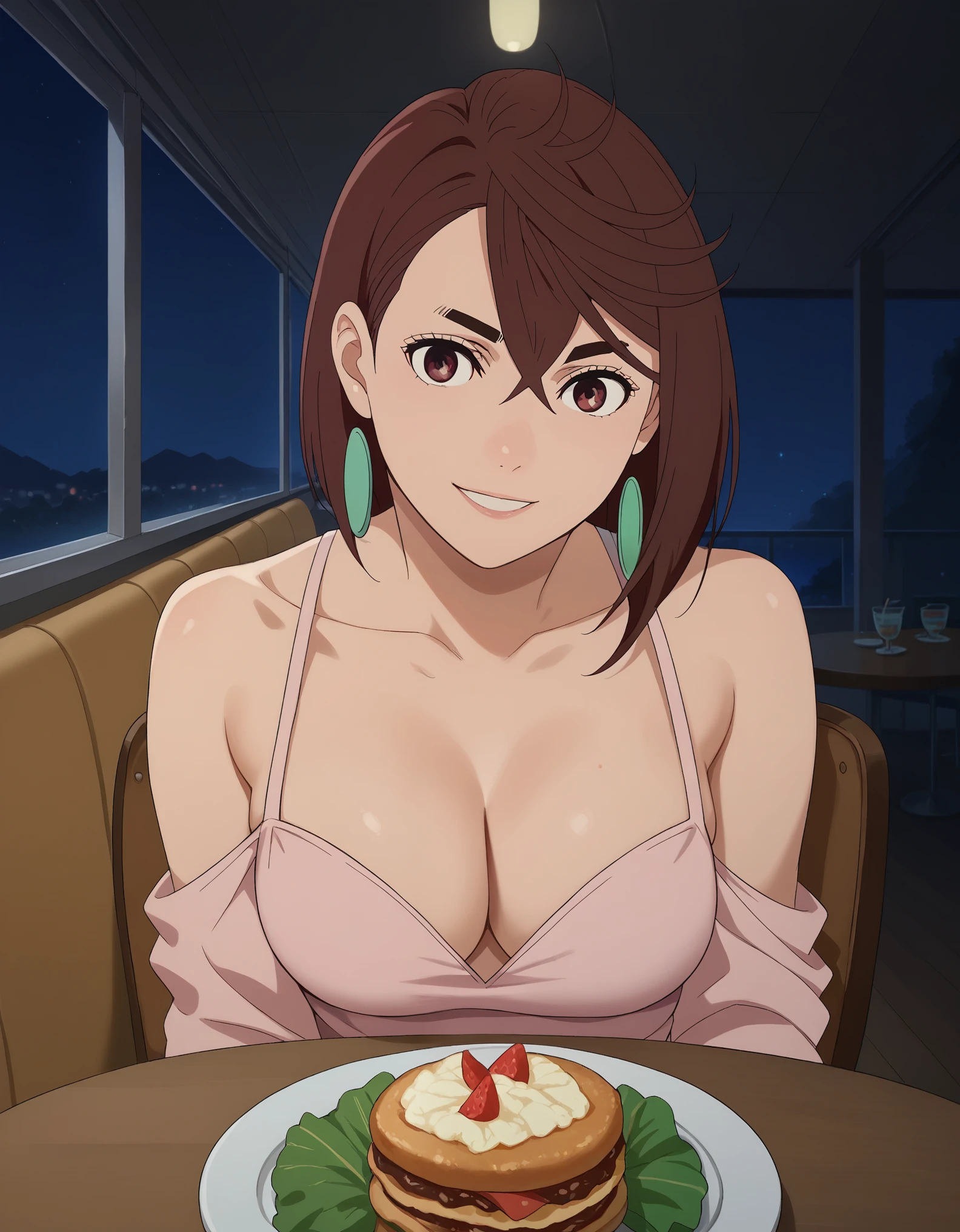 score_9, score_8_up, score_7_up, rating_safe, CONCEPT_PovDating_ownwaifu, solo,1girl,momo ayase, short hair, brown hair, brown eyes, bangs, thick eyebrows, medium breasts, looking at viewer, indoors, pov across table, sitting, upper body, chair, pov dating, Smile sweetly, night, restaurant, drinks, foods, dishes, luxurious dress, deep cleavage, bare shoulder, night background
