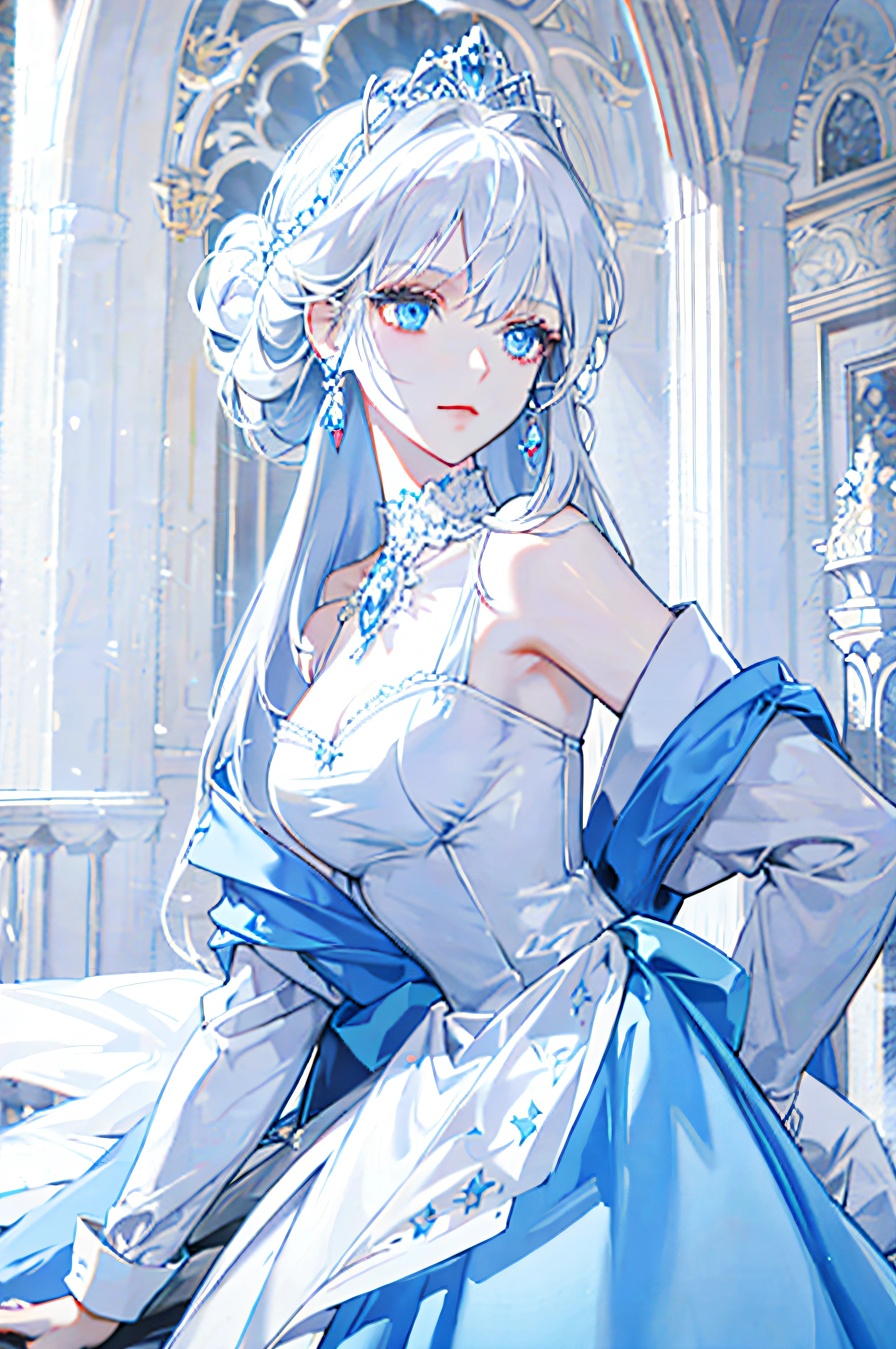 White-haired woman, light blue eyes, royalty, princess, nobility, beautiful woman, adult woman, sexy woman, white dress