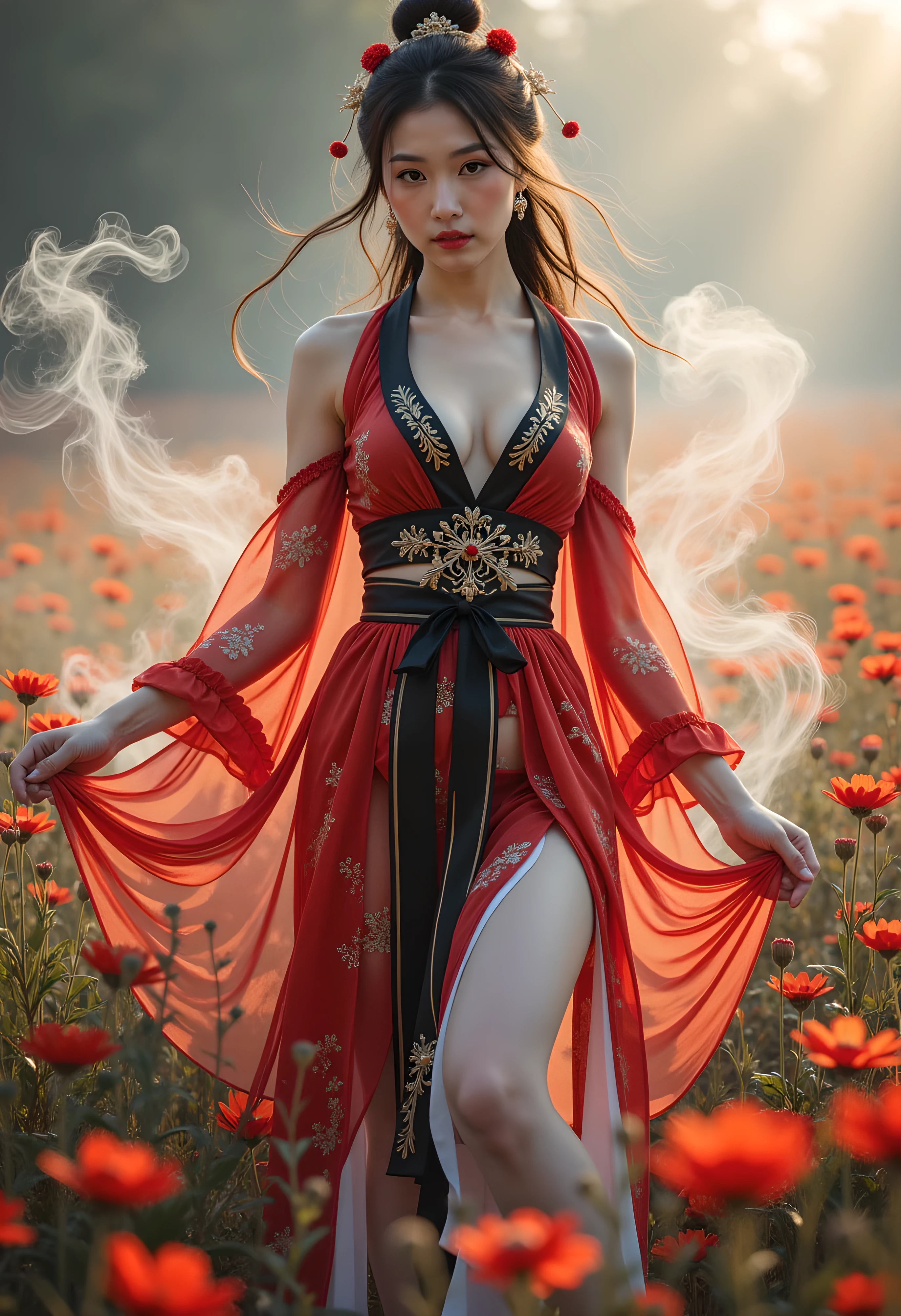 Ultra high quality，masterpiece，Perfect illustration，Extremely high level of detail(Exquisite light and shadow，This picture is very dramatic，)zhongfenghua， 1 Girl Full Body， Showing legs，White lace stockings wrapped around calves，Showing cleavage，solo， Hanfu，  Flower Field， flowering， （White smoke：1.3） （Realistically：1.4）， Zen entanglement，Red, Black and white Hanfu， Tangled， Official art， Unity 8k wallpaper， Super Detail， Beautiful and beautiful， masterpiece，Best quality， （Dynamic Angle：1.4）， Radiant Skin， （Floating colorful glitter：1）The most beautiful form of chaos，grace，Favestar Design，Bright colors，Romantic Depth of Field_dance， Half_naked