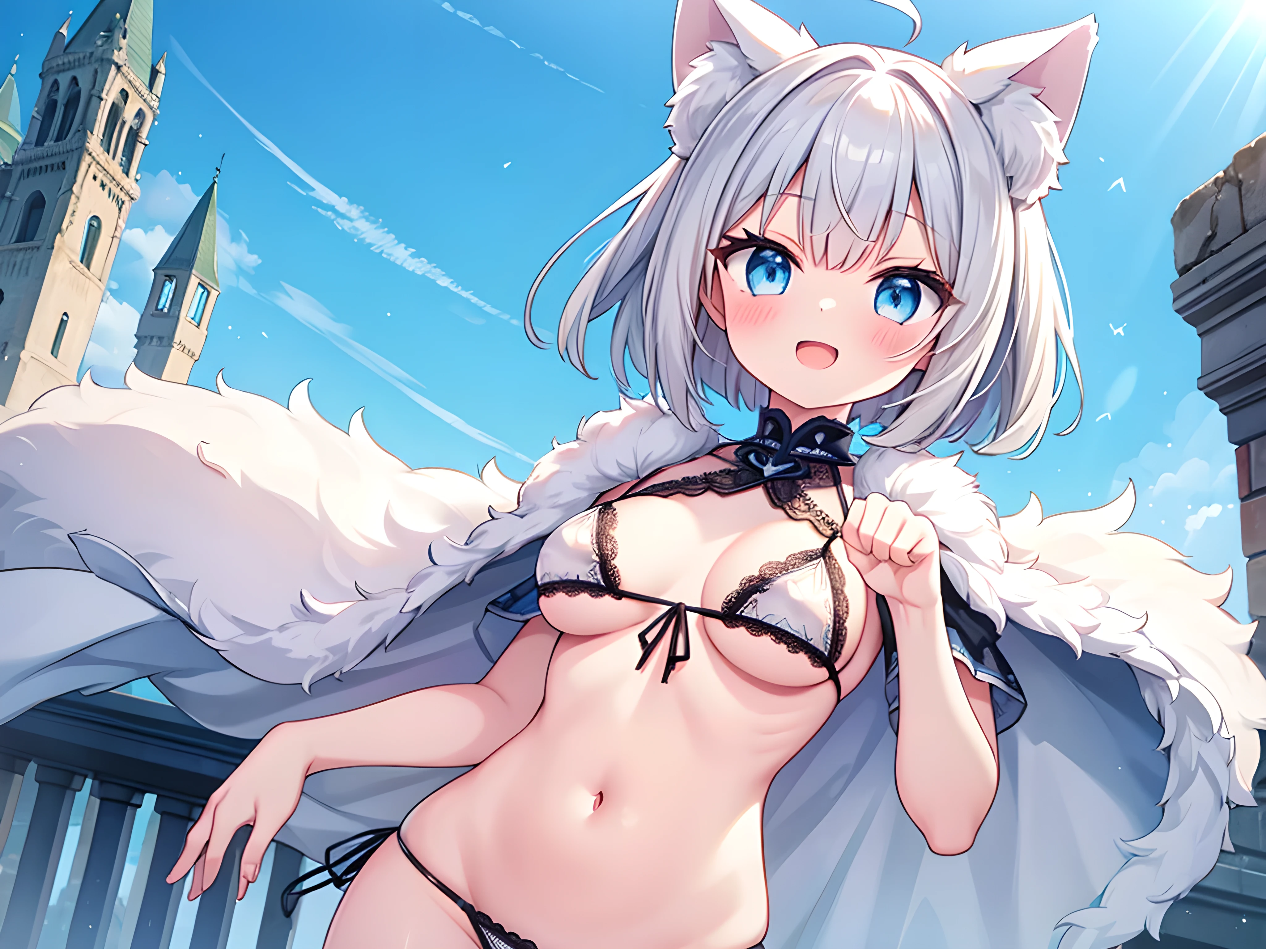 flat chests, nsfw, masterpiece, 1 girl, erect nipples, intricately detailed, topless, navel, bare shoulders, necklace, white hair, wolf headgear, animal fur skirt, leather belt, fur skirt, mountainous horizon, mountains, forest, night sky, full moon, facial paint, open mouth, bonfire, extremely detailed, photorealistic, octane render, 8 k, unreal engine, bare breasts, nipples, red eyes, clawed wolf gloves, bare stomach, sweaty, people on background, moist breath, small breasts, flat chests, child, arm strap, pixie cut hair, druid, celtic, long nails, smiling, leaning forward