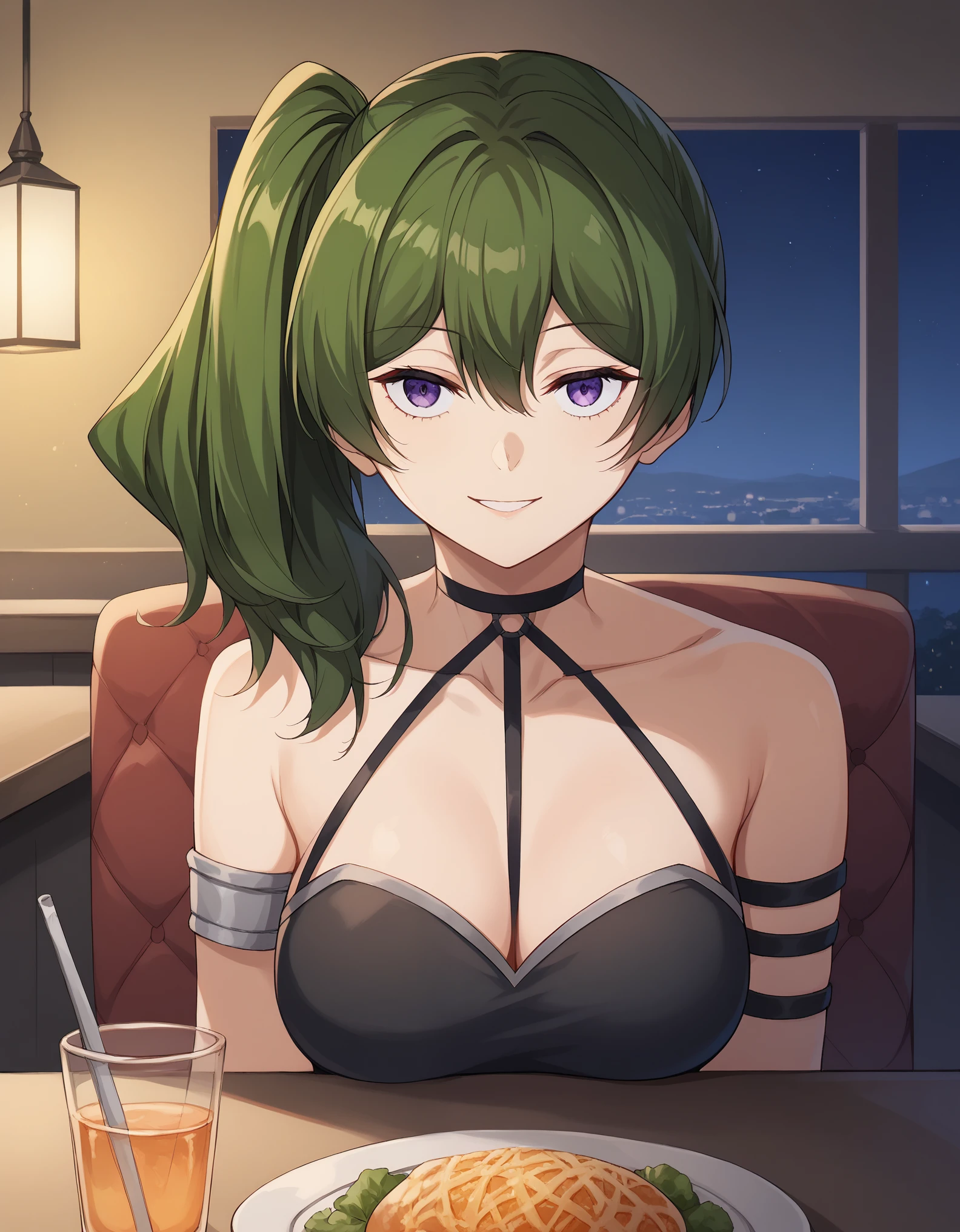 score_9, score_8_up, score_7_up, rating_safe, CONCEPT_PovDating_ownwaifu, solo,1girl,ubel, medium hair, hair between eyes, green hair, side ponytail, purple eyes, collarbone, medium breasts, looking at viewer, indoors, pov across table, sitting, upper body, chair, pov dating, Smile sweetly, night, restaurant, drinks, foods, dishes, luxurious dress, deep cleavage, bare shoulder, night background