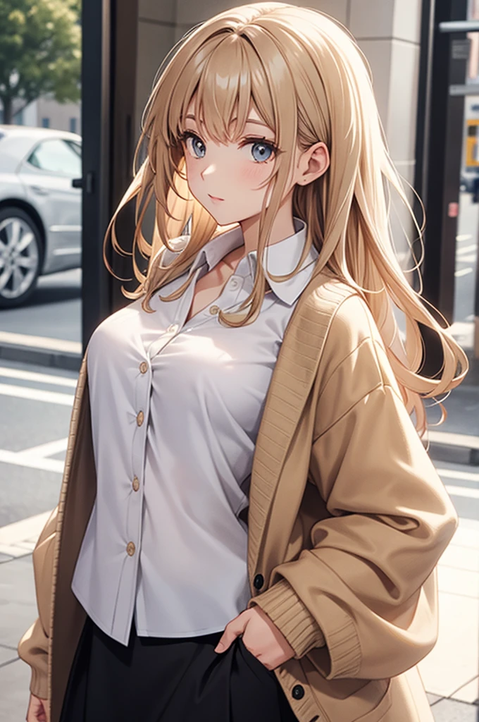 ((masterpiece, highest quality, High resolution, Hmm, RTX, perfect pixel, Depth of the bounds written, 4k, very detailed))), 1 girl, single, alone, beautiful anime girl, beautiful art style, anime character, ((long hair, parted bangs, middle part bangs, blonde hair)), ((blue eyes:1.4, round eyes, beautiful eyelashes, realistic eyes)), ((detailed face, blush:1.2)), ((smooth texture:0.75, realistic texture:0.65, realistic:1.1, Anime CG style, Bright colors)), ((medium breasts, cleavage:0.9, Big breasts)), dynamic angle, perfect body, ((throw, dynamic pose, close)), ((white sweater, long sleeve, black skirt, Women's Belts, Snazzy, single handbag, 1 Diamond Necklace)), open your mouth, embarrassing, amusement park