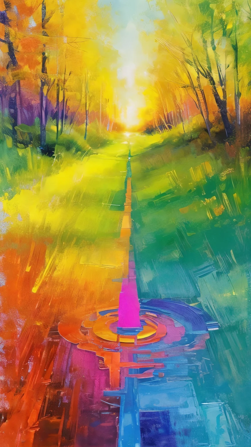 A hyperrealistic foot stepping onto a glowing, colorful path. Surrounding the path are vibrant, swirling symbols of wisdom, determination, and growth, representing the philosophical concept of starting to progress.