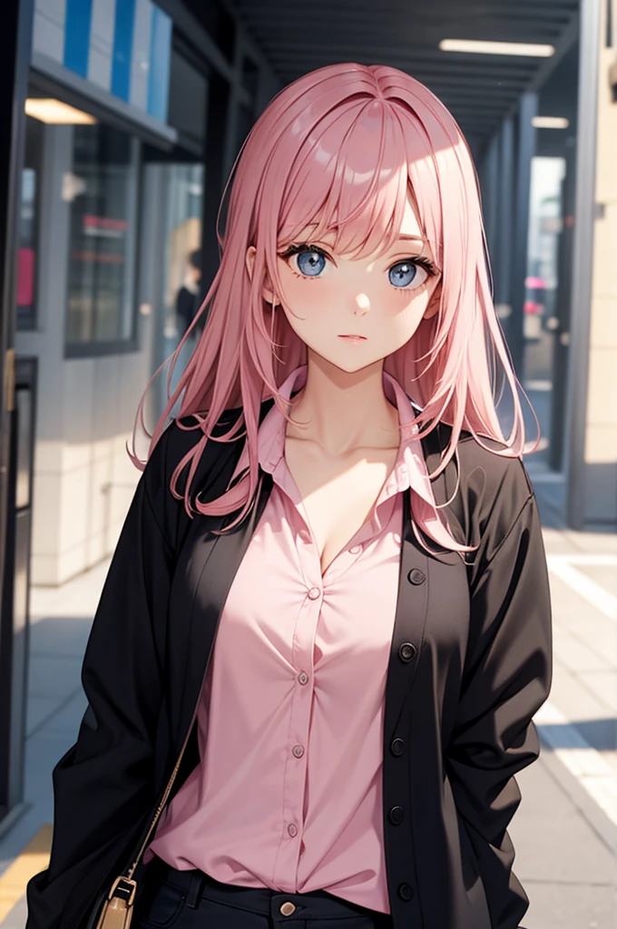 (8k, RAW Photos, Highest quality, masterpiece), Ultra-high resolution, (Realistic, photo-Realistic), One girl, Emotionless, alone, Pink Hair, Yellow Eyes, Professional Lighting, Detailed lighting, Backlight, Depth of written boundary, Natural light, Sharp focus, 2 meter shooting range, Professional photography, Detailed eyes, Realistic eyes, Detailed Shadows, CG games, Cosplay, Pink clothes with arm ring, suspenders, Upper Body, Pink clothes, exterior, Crown, Gundam, Mecha, robot