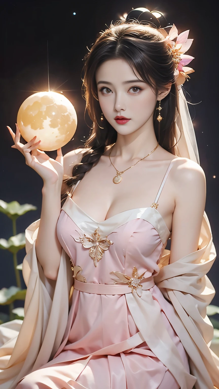 A girl,Gorgeous dress,Sitting,On the Moon,Blue moon detailed background,The vast starry sky,Moon Goddess,((healthy:1.6))(Beautiful big breasts:1.45)Extruded, (obesity:1.3),Short face,Fairy in the sky,(Halo:1.2),Small lips,((Holding a glowing moon model in one hand:1.2)) ,Very beautiful fantasy art,8K Gold Glittering Light Pink Fairy Costume,High-quality detail art,Medium length microwave straight hair,Crystal Necklace,Best quality masterpiece,Upper body,thigh,Night view ,