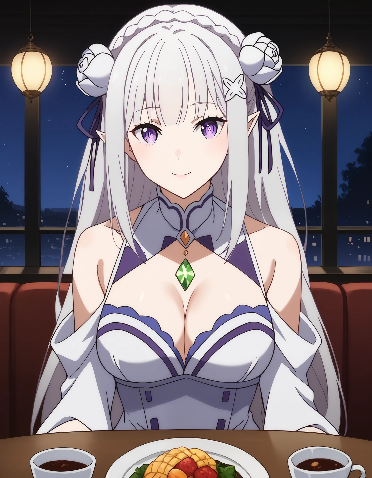 score_9, score_8_up, score_7_up, rating_safe, CONCEPT_PovDating_ownwaifu, solo,1girl,emilia, braid, crown braid, flower, hair flower, hair ornament, hair ribbon, long hair, pointy ears, purple eyes, white hair, x hair ornament, medium breasts, looking at viewer, indoors, pov across table, sitting, upper body, chair, pov dating, Smile sweetly, night, restaurant, drinks, foods, dishes, luxurious dress, deep cleavage, bare shoulder, night background