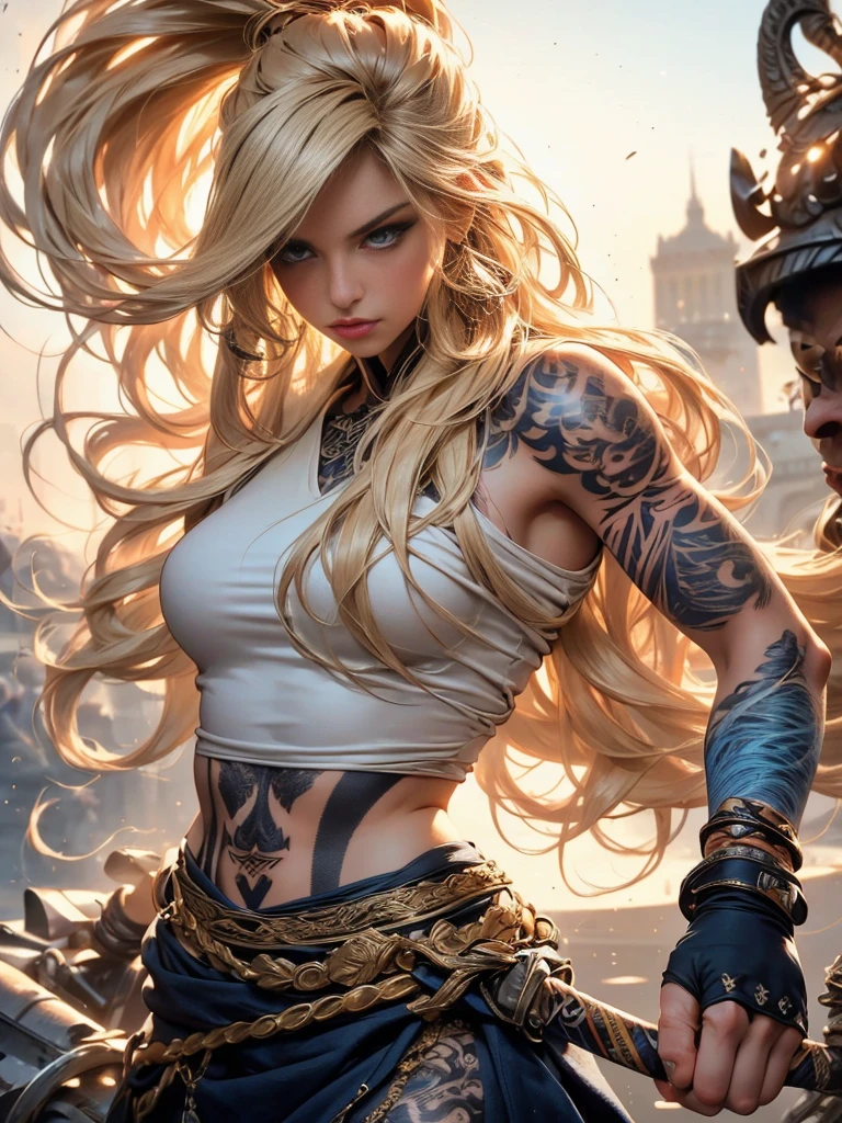 masterpiece, medium full shot, an ultra hot gorgeous European woman. Age 23. (golden hairs), (beautiful blue seductive eyes), (tribal tattoo on hands), White, Orange and Blue colors, Foggy background, Graceful pose, (looking at viewer), (front view),(bokeh:1.2)