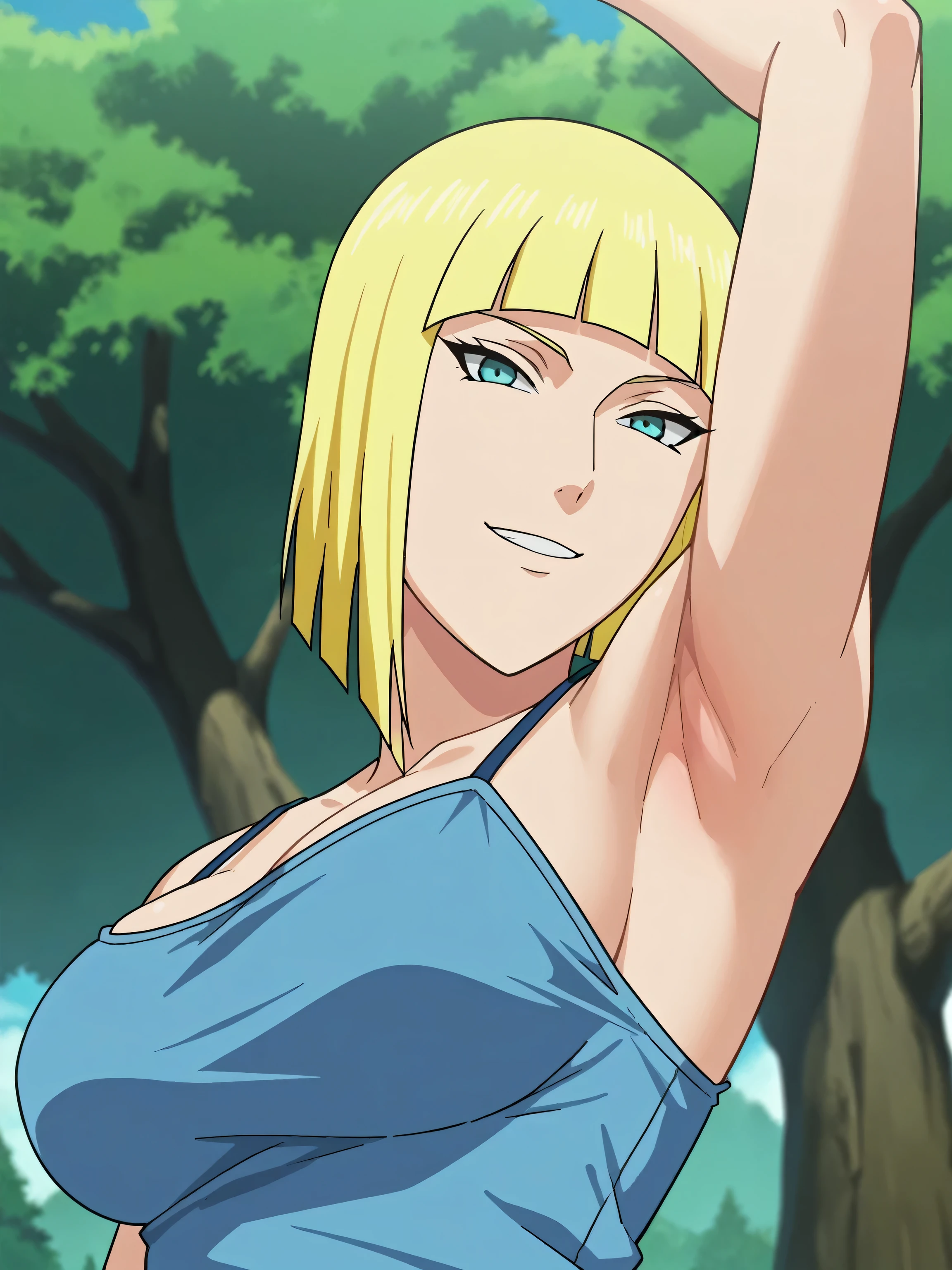 score_9, score_8_up, score_7_up, source_anime, anime screencap, outdoors, day, forest, 1girl, solo, samui, blue eyes, blonde hair, short hair, bangs, blunt bangs, large breasts, camisole, blue camisole, looking at viewer, head towards viewer, arm up, raised arm, armpit, smile, from side, from below,