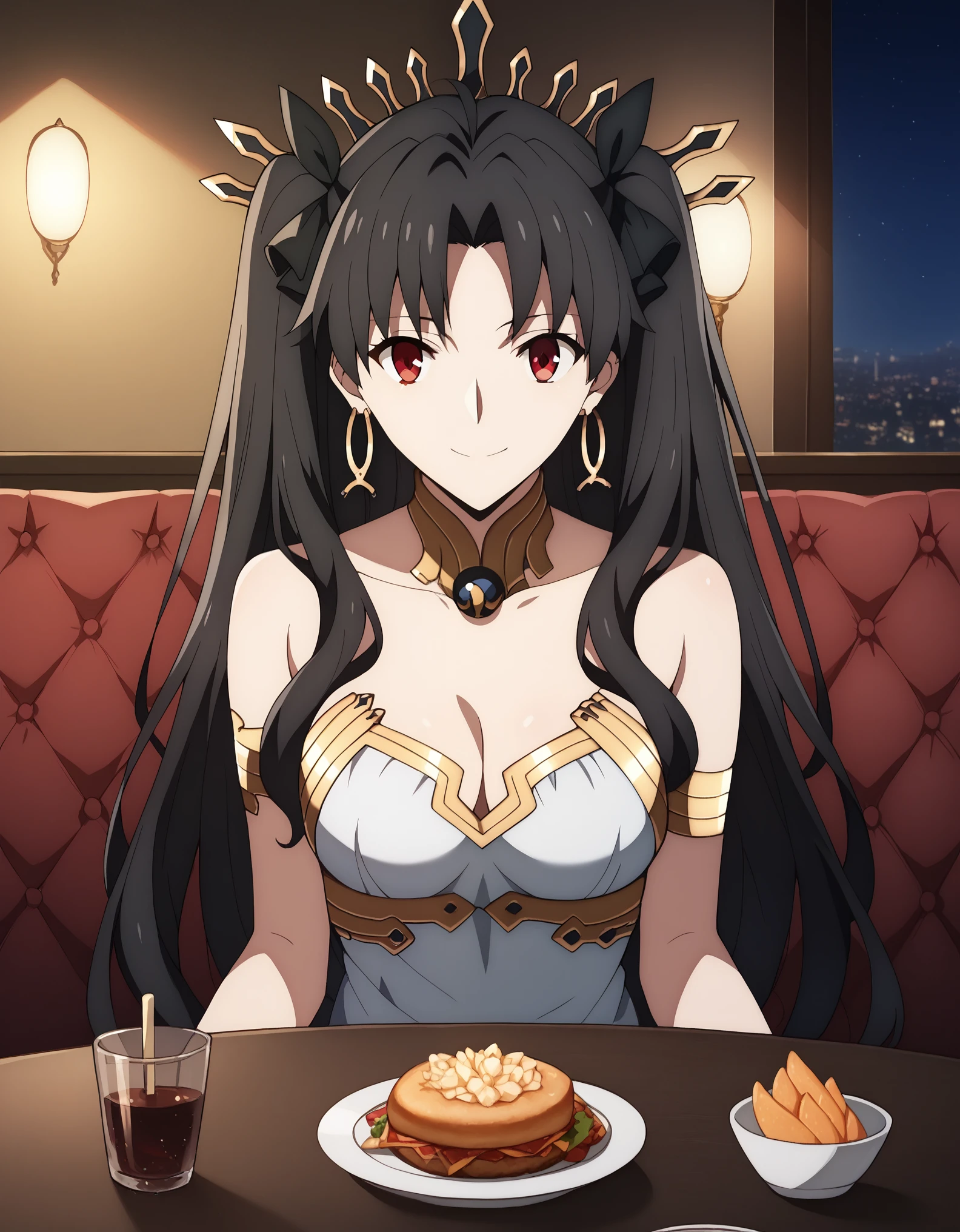 score_9, score_8_up, score_7_up, rating_safe, CONCEPT_PovDating_ownwaifu, solo,1girl,ishtar, long hair, black hair, ribbon, hair ribbon, two side up, red eyes, parted bangs, crown,, medium breasts, looking at viewer, indoors, pov across table, sitting, upper body, chair, pov dating, Smile sweetly, night, restaurant, drinks, foods, dishes, luxurious dress, deep cleavage, bare shoulder, night background