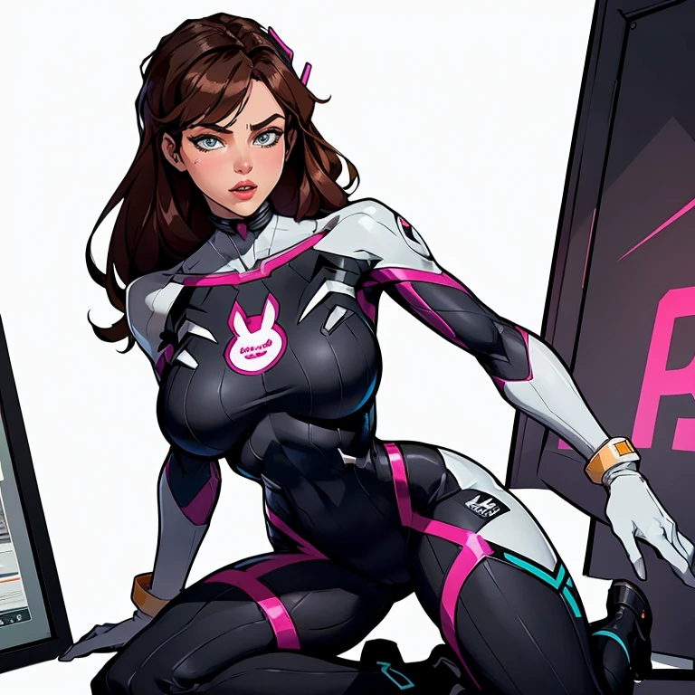 UHD, until, Necessary, Anatomically correct, super details, tall details, high quality, best quality, 8k, high resolution. The heroine, d.va is spider woman (hana song), looks beautiful in a full-body photo. blue eyes, brown hair very short, make her a goddess of beauty. O traje da spider woman consiste em: A fitted jumpsuit with black and white stripes, reminiscent of a spider web, Black boots with white details, white gloves, A black sweatshirt or jacket with white stripes. she is very sexy, drawing attention to her large breasts and muscular body.