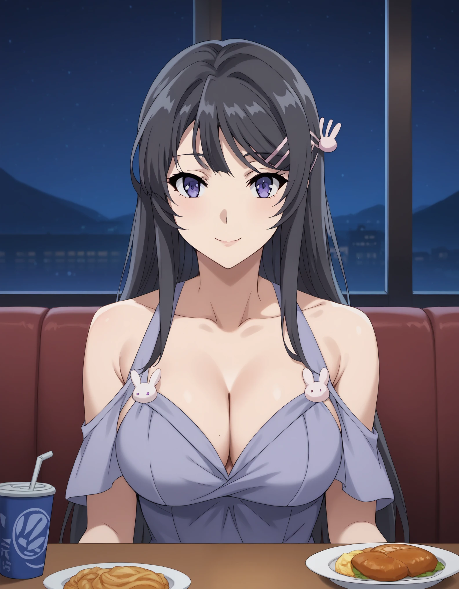 score_9, score_8_up, score_7_up, rating_safe, CONCEPT_PovDating_ownwaifu, solo,1girl,fmai sakurajima, long hair, bangs, black hair, hair ornament, purple eyes, hairclip, rabbit hair ornament, medium breasts, looking at viewer, indoors, pov across table, sitting, upper body, chair, pov dating, Smile sweetly, night, restaurant, drinks, foods, dishes, luxurious dress, deep cleavage, bare shoulder, night background