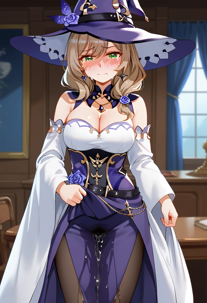 (\li sha\), 1girl, breasts, lisa \(genshin impact\), A detailed, highly photorealistic portrait of a young woman with beautiful green eyes, brown hair, and bangs, wearing a witch hat, dress, (long dress:1.5), (black pantyhose:1.5), and purple headwear with earrings, (1girl, detailed eyes, extremely detailed face), beautiful detailed eyes, extremely detailed eyes and face, long eyelashes, brown hair, green eyes, jeans, witch hat, purple headwear, earrings, long hair, bangs, hair ornament, (wetting self:1.5), humiliation, blushing, angry, tears, standing, (best quality, 4k, 8k, highres, masterpiece:1.2), ultra-detailed, HDR, UHD, studio lighting, ultra-fine painting, sharp focus, physically-based rendering, extreme detail description, professional, vivid colors, bokeh, portrait