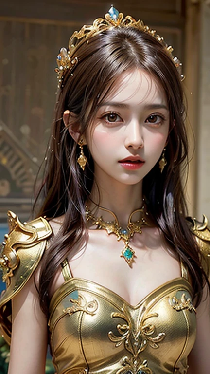 (number々Award-winning masterpiece, Incredible detail, Textures and maximum detail), (hyper Realistic:1.4), (Realistic:1.3), ((Highest quality realistic textured skin)),(Best Quality, Very good quality:1.5), Perfect, 1 girl, Long Hair,  (Wearing unique and intricate golden armor decorated with various gemstones and fractal patterns、The Empress of Infinite Wealth), (Unique Gilded Throne Room), Jewelry Midas Magic, Golden Aura, Sparkle,  gemtech, Internal reflection, transparent, inner details