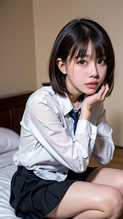 (((1 girl in))、Ray traching、(dim lighting)、[detailedbackground(bedroom))、((Black hair))、((Black hair)、(fluffy dark blue hair、Slender girl)))Shorthair)))Avoid golden eyes in the ominous bedroom((Naked oversized shirt))、Sit up、Hands between legs、red blush、Shows a delicate slim figure and graceful curves、medium chest、The shirt color is white、whiteshirt