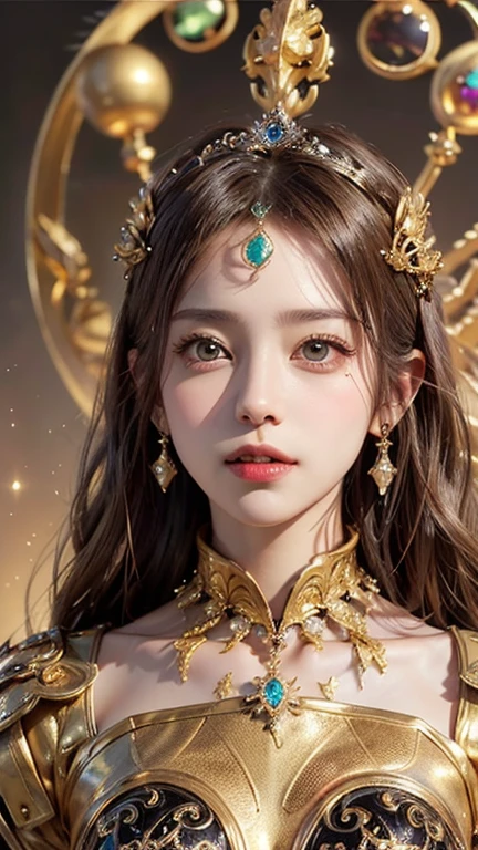 (number々Award-winning masterpiece, Incredible detail, Textures and maximum detail), (hyper Realistic:1.4), (Realistic:1.3), ((Highest quality realistic textured skin)),(Best Quality, Very good quality:1.5), Perfect, 1 girl, Long Hair,  (Wearing unique and intricate golden armor decorated with various gemstones and fractal patterns、The Empress of Infinite Wealth), (Unique Gilded Throne Room), Jewelry Midas Magic, Golden Aura, Sparkle,  gemtech, Internal reflection, transparent, inner details