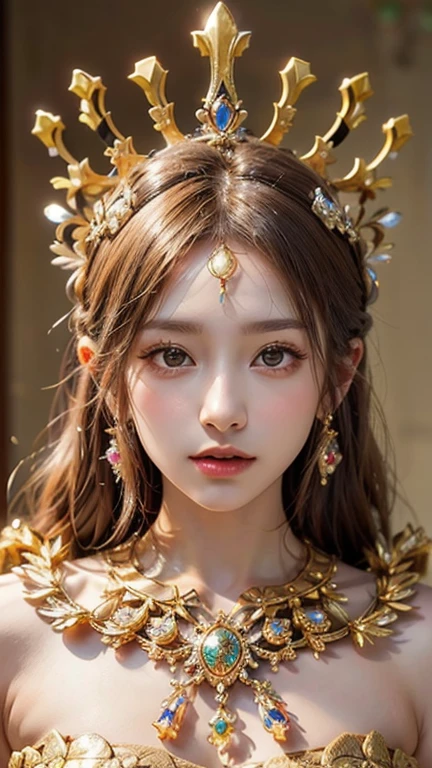 (number々Award-winning masterpiece, Incredible detail, Textures and maximum detail), (hyper Realistic:1.4), (Realistic:1.3), ((Highest quality realistic textured skin)),(Best Quality, Very good quality:1.5), Perfect, 1 girl, Long Hair,  (Wearing unique and intricate golden armor decorated with various gemstones and fractal patterns、The Empress of Infinite Wealth), (Unique Gilded Throne Room), Jewelry Midas Magic, Golden Aura, Sparkle,  gemtech, Internal reflection, transparent, inner details