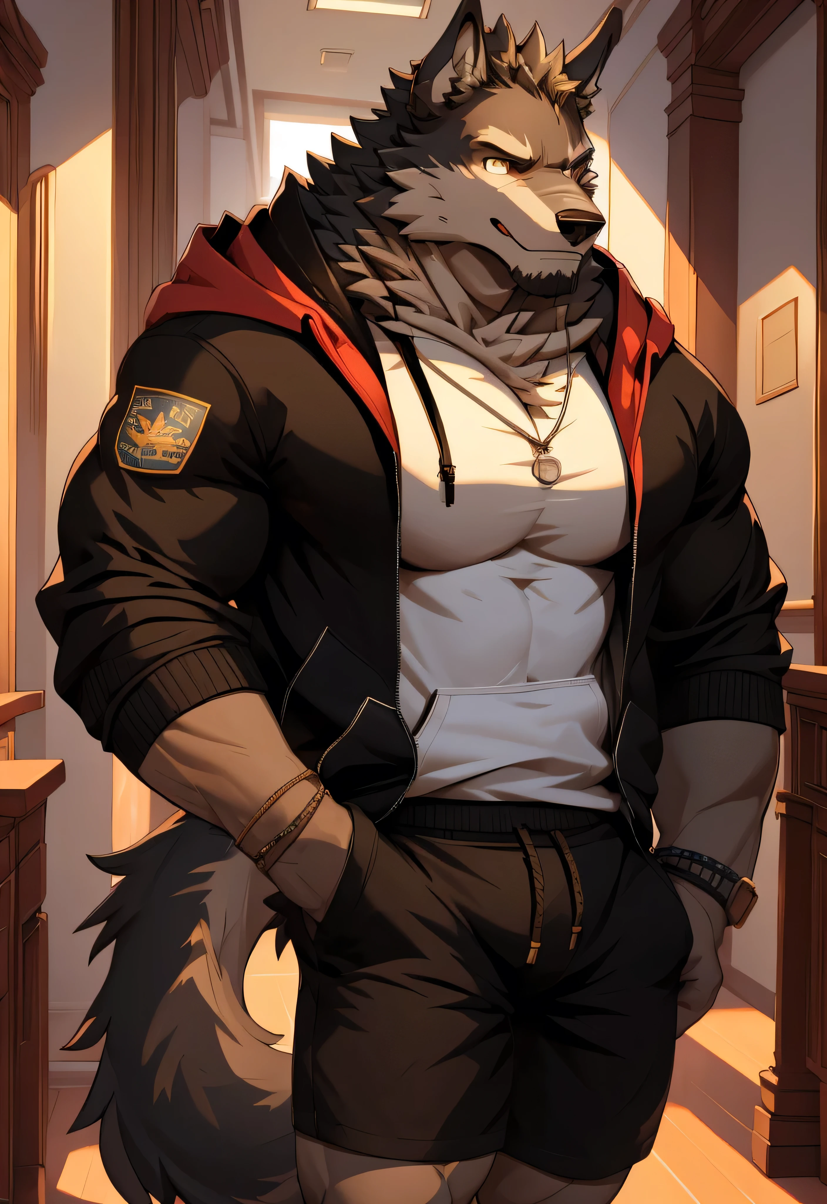 (masterpiece)，(Very detailed)，(best quality)，8K，(high quality)，(Ultra high quality)，(Super detailed),Solitary，bust，black wolf，hairy body，Furry Characters，black hoodie，Black shorts，Best image quality， not smiling ，Eyes Details，Airplane，school corridor ，student，，Wolf Orc，masterpiece， tail，Meticulous facial details, looking mad and dangerous, muscular legs, one tail, fur 