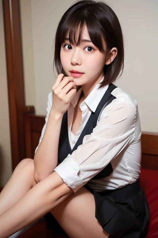 (8k, RAW photo, best quality, masterpiece:1.2), (realistic, photo-realistic:1.37), ultra-detailed,
1 girl,cute, solo,beautiful detailed sky,detailed cafe,night,sitting,dating,(nose blush),(smile:1.1),(closed mouth),large breasts, seductive smile, large aparture, professional lighting, Sony A7R4, Zessie 50mm F1.8,
medium breasts,beautiful detailed eyes,(collared shirt:1.1), bowtie,pleated skirt,(short hair:1.2),floating hair
