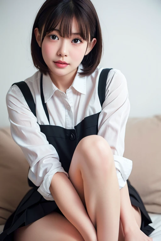 professional portrait、professional writing、highest quality, Detailed workmanship、high resolution、(8K, High resolution:1.2)、(RAW photo, photorealistic:1.3)、slender body shape、high definition face、Face is in focus、high definition eyes、(Focused, symmetrical pupils:1.2)、High-definition and beautiful skin、firm skin、natural makeup、gross lip, High-definition hair texture、masterpiece、Japanese high school girl、(high school uniform:1.3)、17 years old、very cute, very short hair , (very embarrassed:1.3), (blush:1.3), (scared look:1.3)、(shy look :1.3)、wet eye:1.2,、Staring at the camera:1.2、(color々Easy shooting angle:1.3)、medium breast, nsfw,