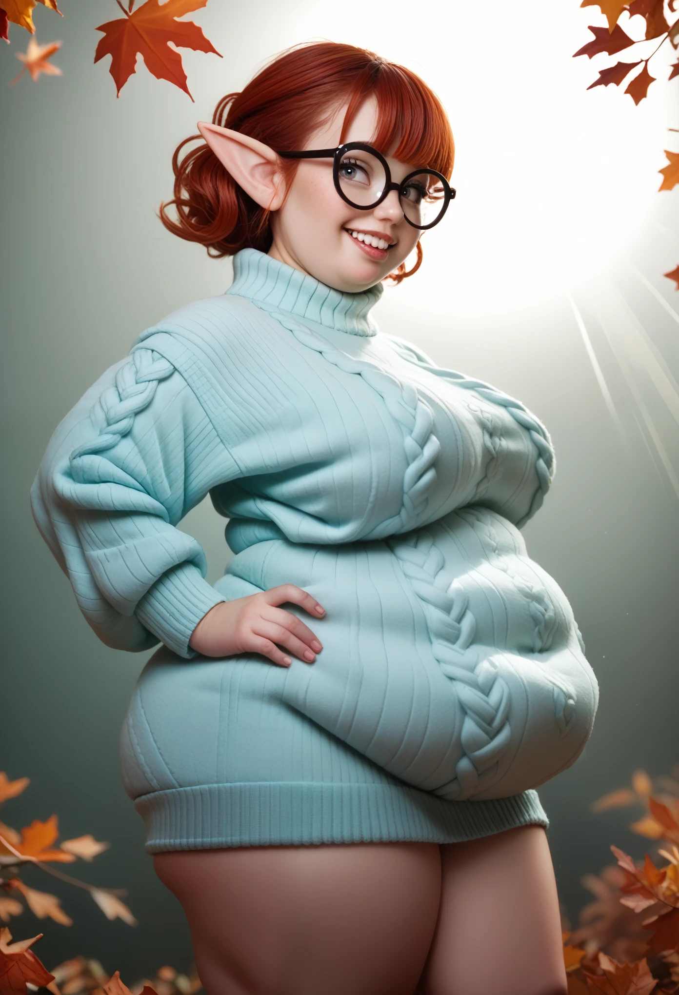 1 girl, nerdy elf woman, big teeth, glasses, (cozy fantasy emotions) (turning head to look at you:1.1), wearing a cableknit oversized (sweater that says "FAT":1.3), light beams, (), (skinny arms and legs, round belly, large breasts:1.3), (lovehandles and chubby hips:1.3) , ((rivendell during autumn background)), extreme details, short red hair, (boyish face:1.1), , detailed autumn background , volumetric lighting, high definition, realistic anime , ), (extremely detailed face:1.1), , from the side profile