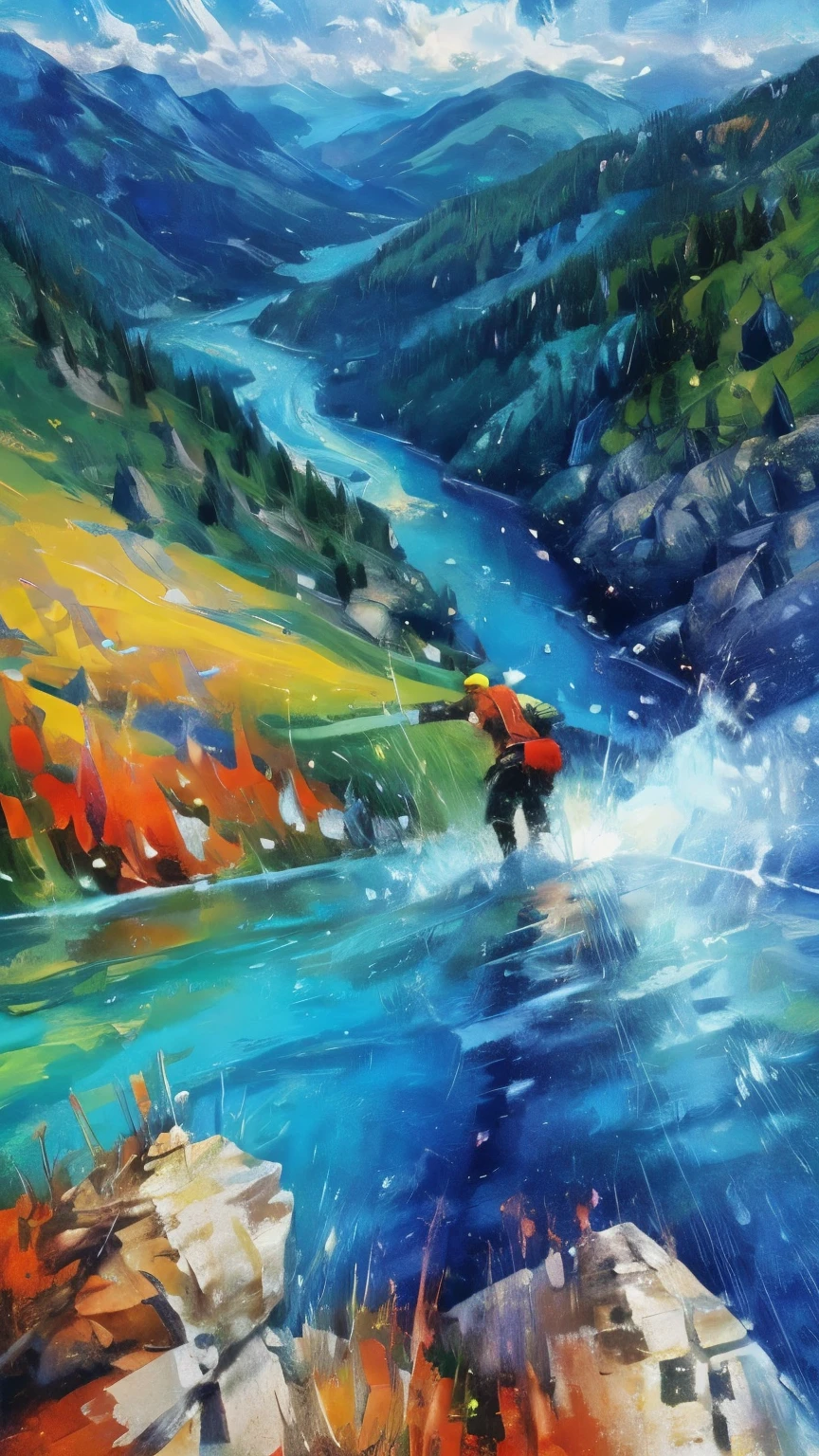 A vibrant, 3D scene showing a faceless figure climbing a steep, colorful mountain. The atmosphere is filled with swirling clouds of wisdom and perseverance, symbolizing the struggle of starting something new.