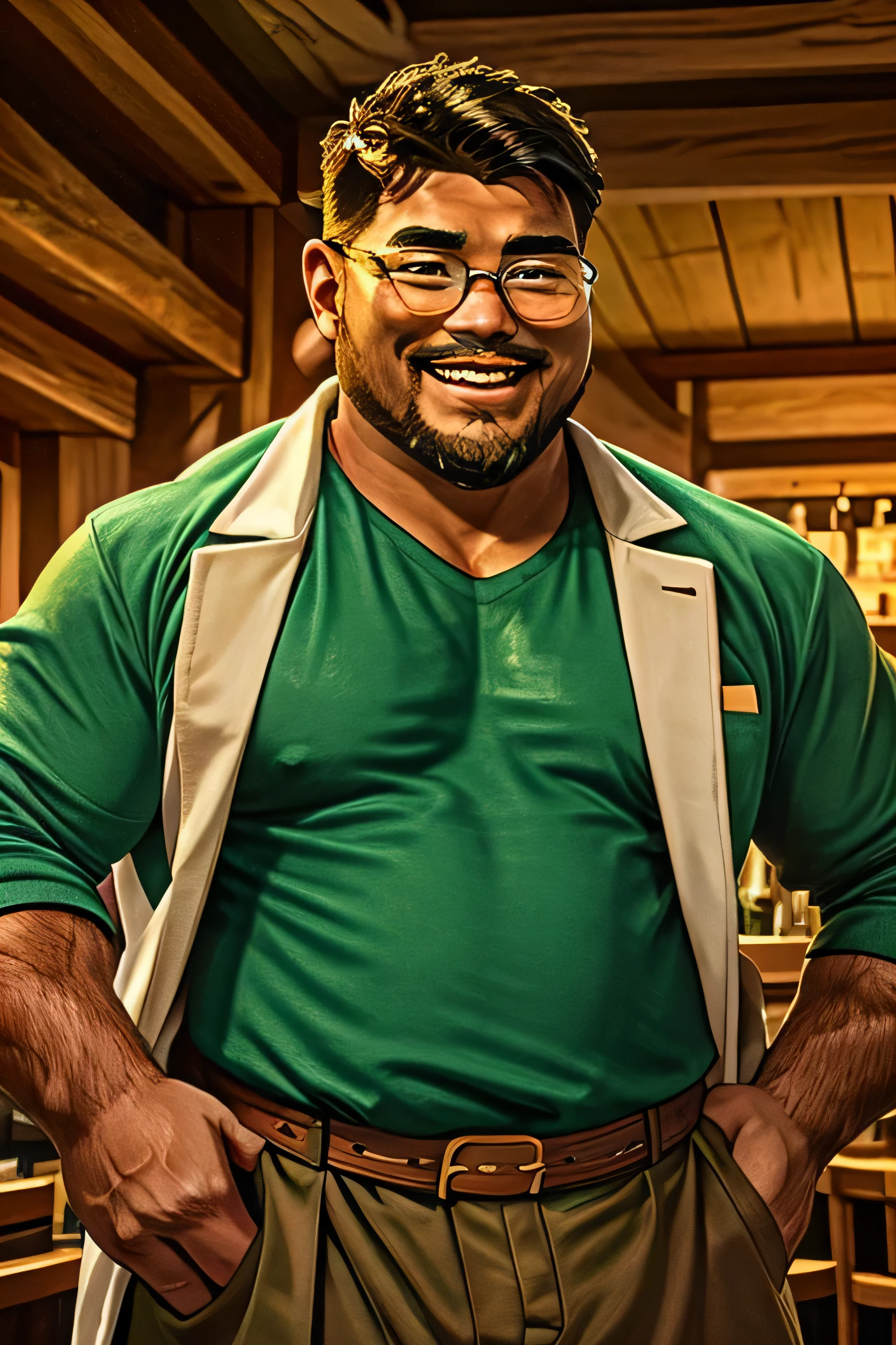 (8K. hyper-realistic, high definition, masterpiece) A tall but obese bard, Handsome fuzzy Asian daddy, fair-skinned, long-legged minstrel, plump-faced, buffed, wearing an green buttoned shirt and a long orange silk trench coat, wearing brown medieval trousers, wearing a thick opulent golden sash, big bulging crotch, long brown hair, smiling, wearing round rimmed glasses, inside a tavern, evening, blurred background.