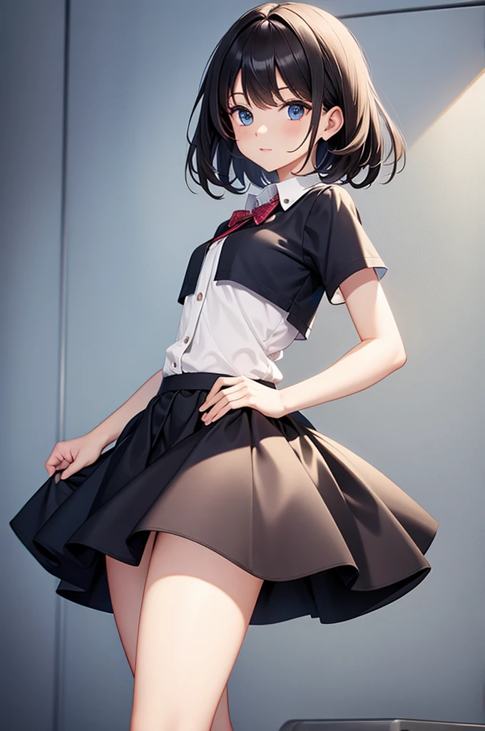 1 girl, short black hair, wearing short skirt and white shirt, dodging a bullet