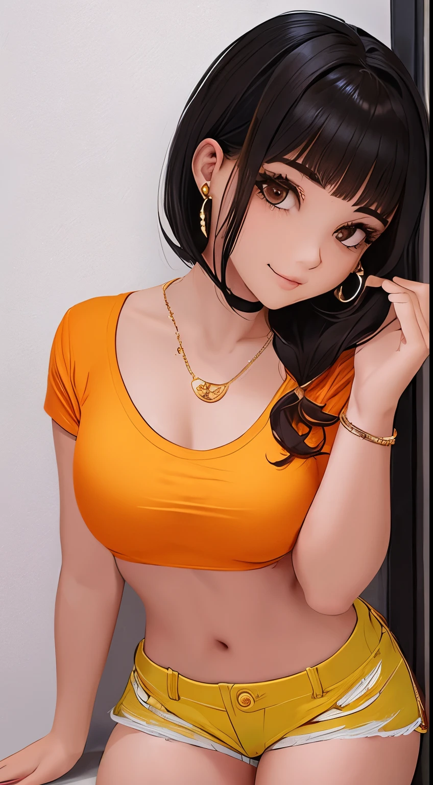 Amazing portrait of the upper body of a young woman who is 20 years old with a beautiful and highly detailed face and skin texture with fine brown eyes with double eyelid and thin eyebrows and glitter eyeliner with natural cheeks and shiny skin wearing an loose orange t shirt and yellow short shorts paired with a sparkly necklace and earrings with glossy lips parted in an enchanting smile with black short bob hair with focus on her chest and face with this upper body shot and her t shirt showcasing her bare shoulders and small breasts