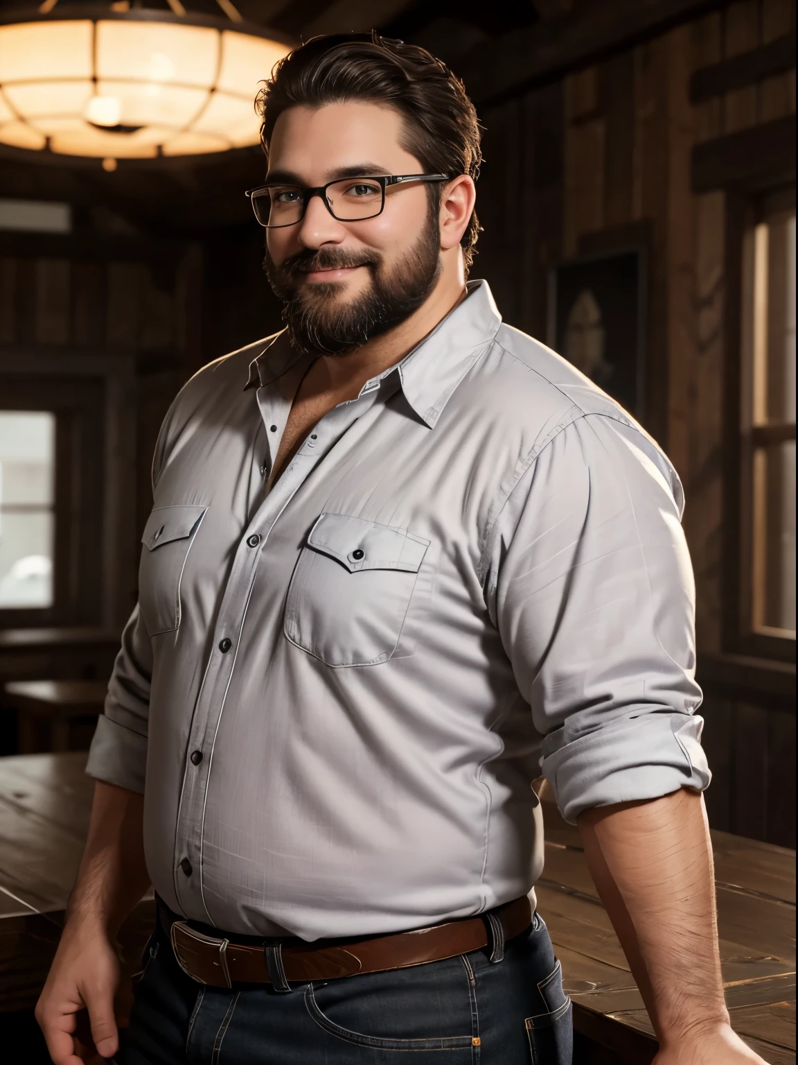 Masterpiece, Best Quality, Ultra-Detailed, 1man, solo, chubby, bearlike, brown hair, short hair, very short hair, brown beard, thick beard, black glasses, black eyes, glowing eyes, very beautiful and detailed eyes, white flannel shirt, dark purple pants, cowboy shot, smiling, highly detailed sci-fi facilitie background