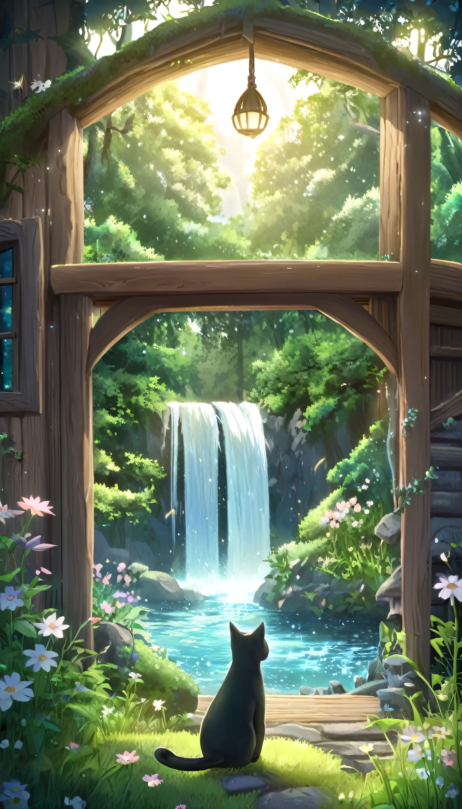 Viral anime nature wallpaper in 4K quality, inspired by Studio Ghibli's style. A hidden waterfall surrounded by lush green trees and blooming flowers, with small woodland creatures playing near the water. In the distance, a quaint witch's cabin made of wood and stone stands, with a black cat sitting calmly at the doorstep. The atmosphere is magical, with soft pastel colors and cosmos-like lighting under a starry sky. No human characters, just the serene beauty of nature and the mystical setting --v 5 --stylize 1000.