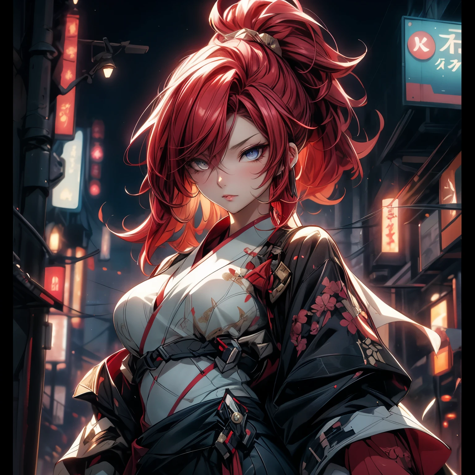 ((best quality)), ((Masterpiece)), (details:1.4), 3d, HDR (high dynamic range), mature woman, เหมือนจริง, Cyberpunk Samurai, Curtain Bangs, Red hair, "้ระำ eyes, PBR surface, After processing, Anisotropic filtration,depth of field, Maximum clarity and clarity, multi-layered surface, perfect proportions, 8K raw files, at night, ผมหลายชั้น, โกรธ, ศาลเจ้า