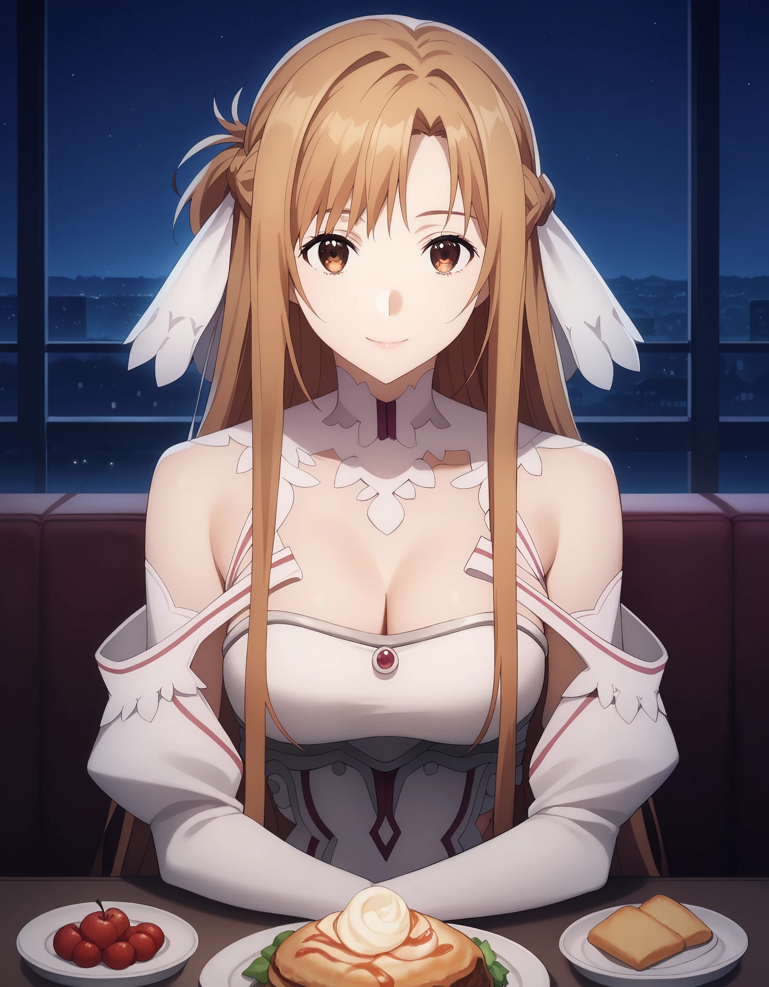 score_9, score_8_up, score_7_up, rating_safe, CONCEPT_PovDating_ownwaifu, solo,1girl,asuna yuuki, long hair, bangs, brown hair, brown eyes, very long hair, braid, medium breasts, looking at viewer, indoors, pov across table, sitting, upper body, chair, pov dating, Smile sweetly, night, restaurant, drinks, foods, dishes, luxurious dress, deep cleavage, bare shoulder, night background