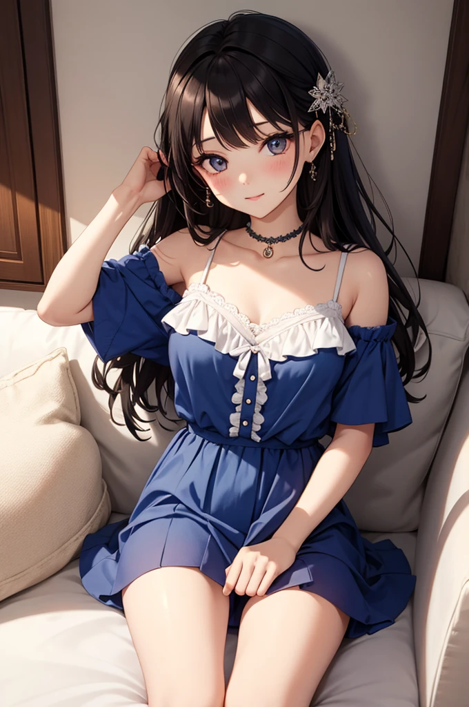 ((masterpiece)), ((best quality)), ((ultra detailed)), ((kawaii)), cute, (lovely), ((extremely detailed)), ((8K)), (beautiful), full body, luxury room, a cute girl, 1girl, solo, blue mini camisole dress,beautiful light brown hair, ((detailed beautiful brown eyes)), white-skinned, long hair, flat breast, tiny breast, garter belt,standing