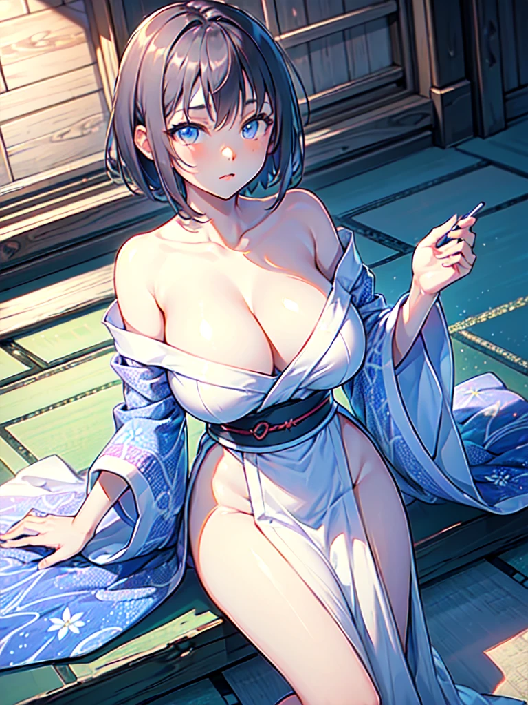 (best quality, masterpiece),1girl,solo,short hair,blue eyes,yumi,big breasts, cleavage,off shoulder, japanese clothes, breast focus, looking at viewer, wide hips