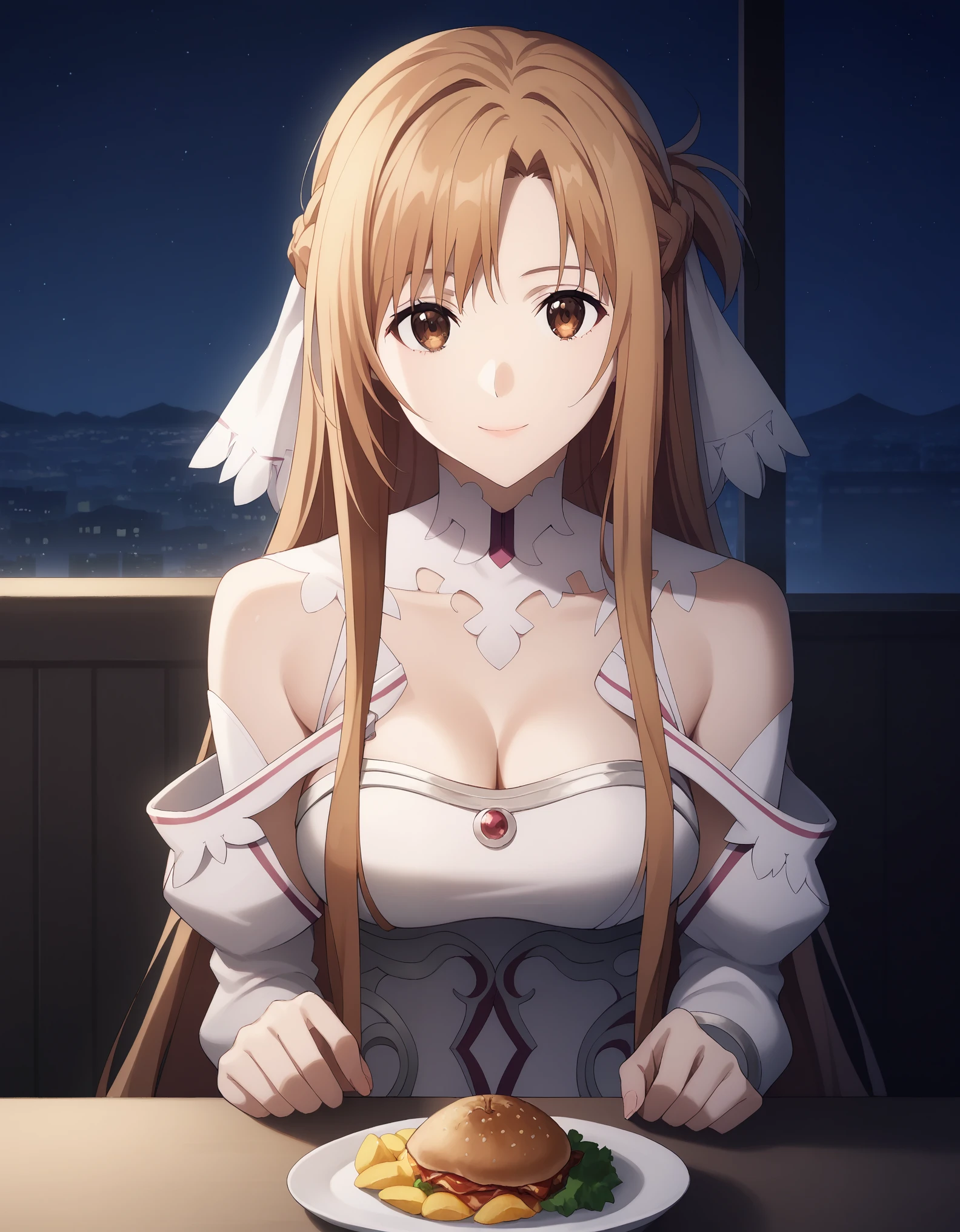 score_9, score_8_up, score_7_up, rating_safe, CONCEPT_PovDating_ownwaifu, solo,1girl,asuna yuuki, long hair, bangs, brown hair, brown eyes, very long hair, braid, medium breasts, looking at viewer, indoors, pov across table, sitting, upper body, chair, pov dating, Smile sweetly, night, restaurant, drinks, foods, dishes, luxurious dress, deep cleavage, bare shoulder, night background