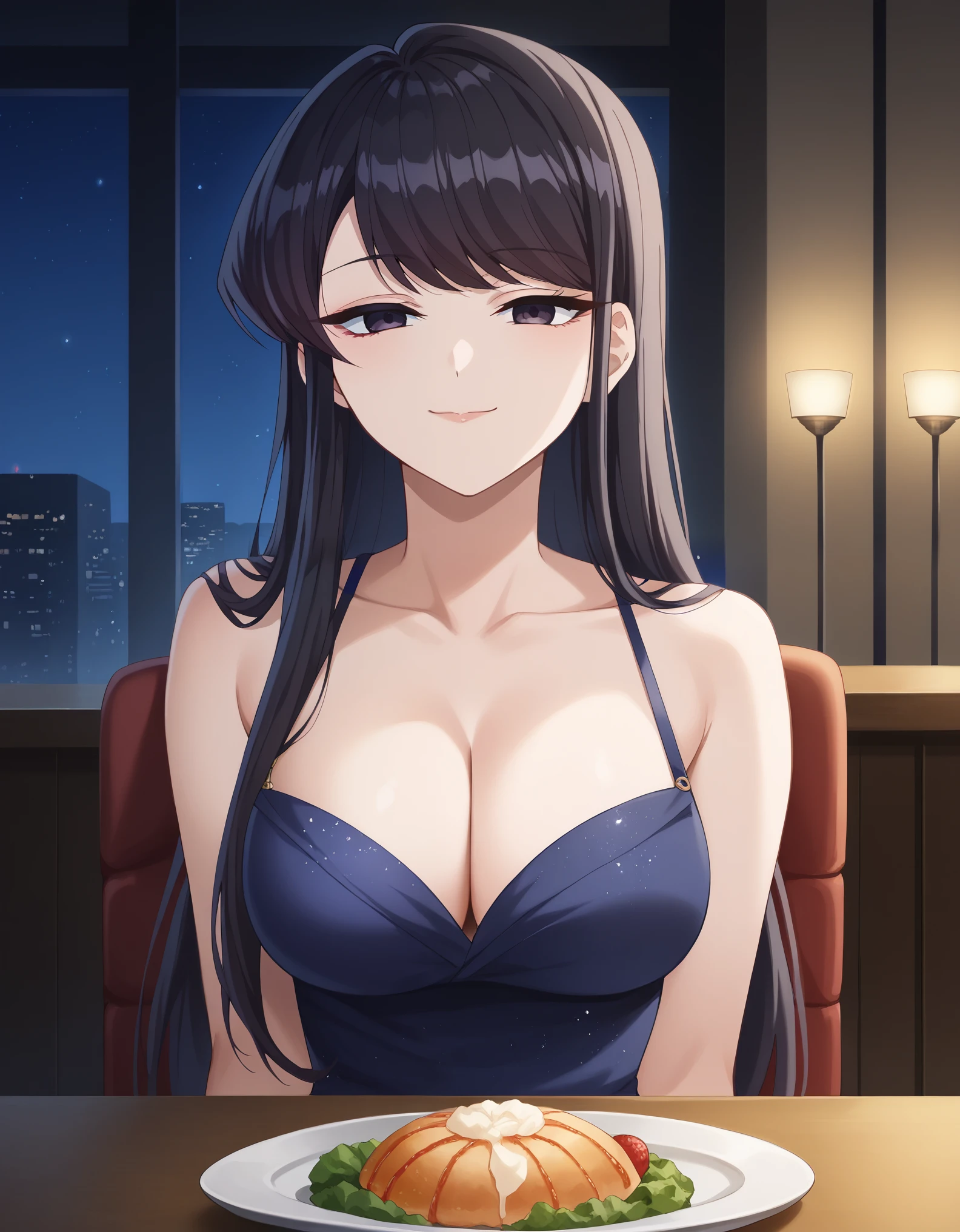 score_9, score_8_up, score_7_up, rating_safe, CONCEPT_PovDating_ownwaifu, solo,1girlshouko komi, long hair, bangs, black hair, black eyes, half-closed eyes, medium breasts, looking at viewer, indoors, pov across table, sitting, upper body, chair, pov dating, Smile sweetly, night, restaurant, drinks, foods, dishes, luxurious dress, deep cleavage, bare shoulder, night background