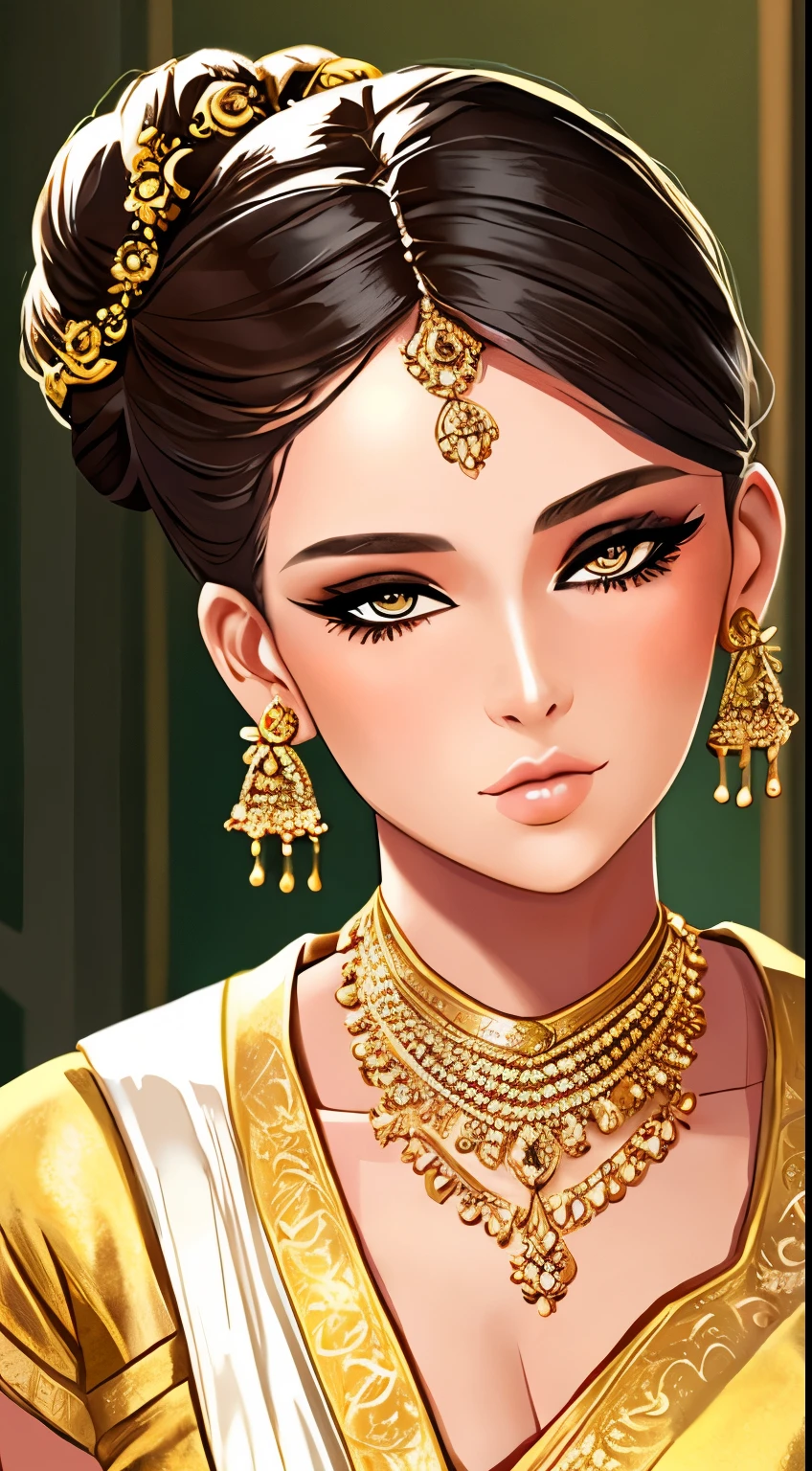 Amazing portrait of a sexy woman with her hair tied back in a low bun with her eyes emphasised by smokey eyeliner gazing at us seductively with her perfect lips parted wearing gold blouse and a white saree with gold embroidery that showcases the creamy expanse of her porcelain skin