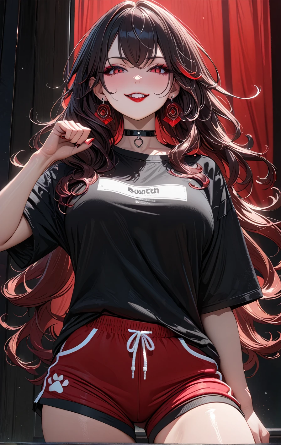 ((ultra detailed, 8k, high res, masterpiece)), (Highly detailed face), ((detailed look:1.8)), (A detailed face, edgy), Teenage girl, One woman, full body, beautiful woman, (fair skin, full makeup, False eyelashes), curly hair, long hair, seductive smile, flushed cheeks, evil grin, ((choker, earrings)), (large breasts), (Oversized T-shirt, mini Sweatpants), own roon, Bright red lipstick, long shot:1.5, looking up, paw pose