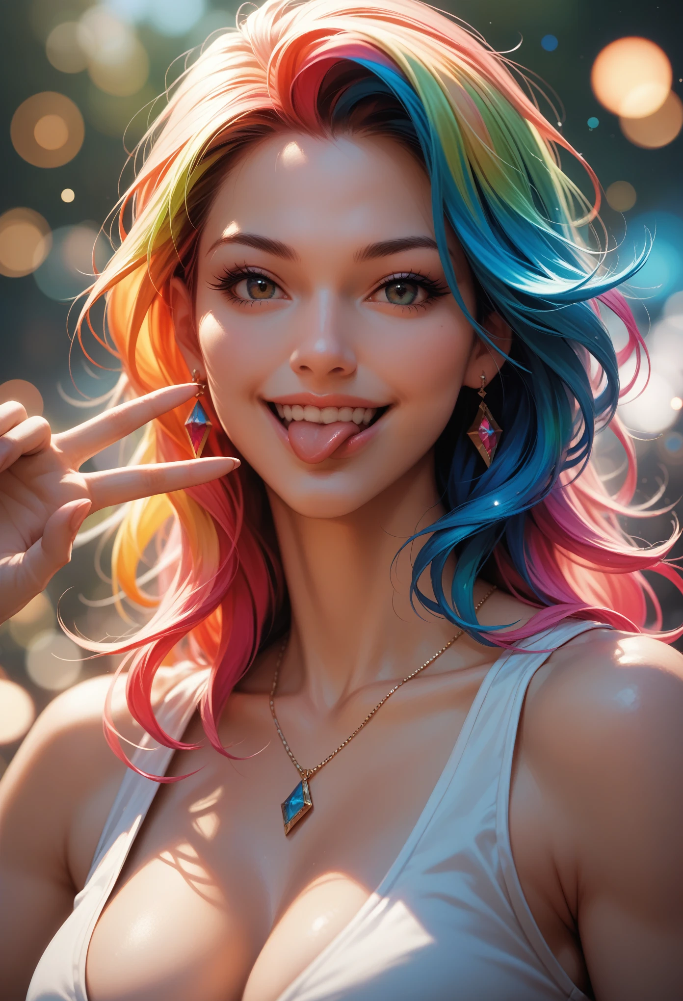 score_9, score_8_up, score_7_up, (masterpiece, ultra detailed), sfw, portrait, 1girl, :d, smiling, tongue out, colorful hair, multiple colored hair, v posed hand, cleavage, (soft bokeh:1.2)