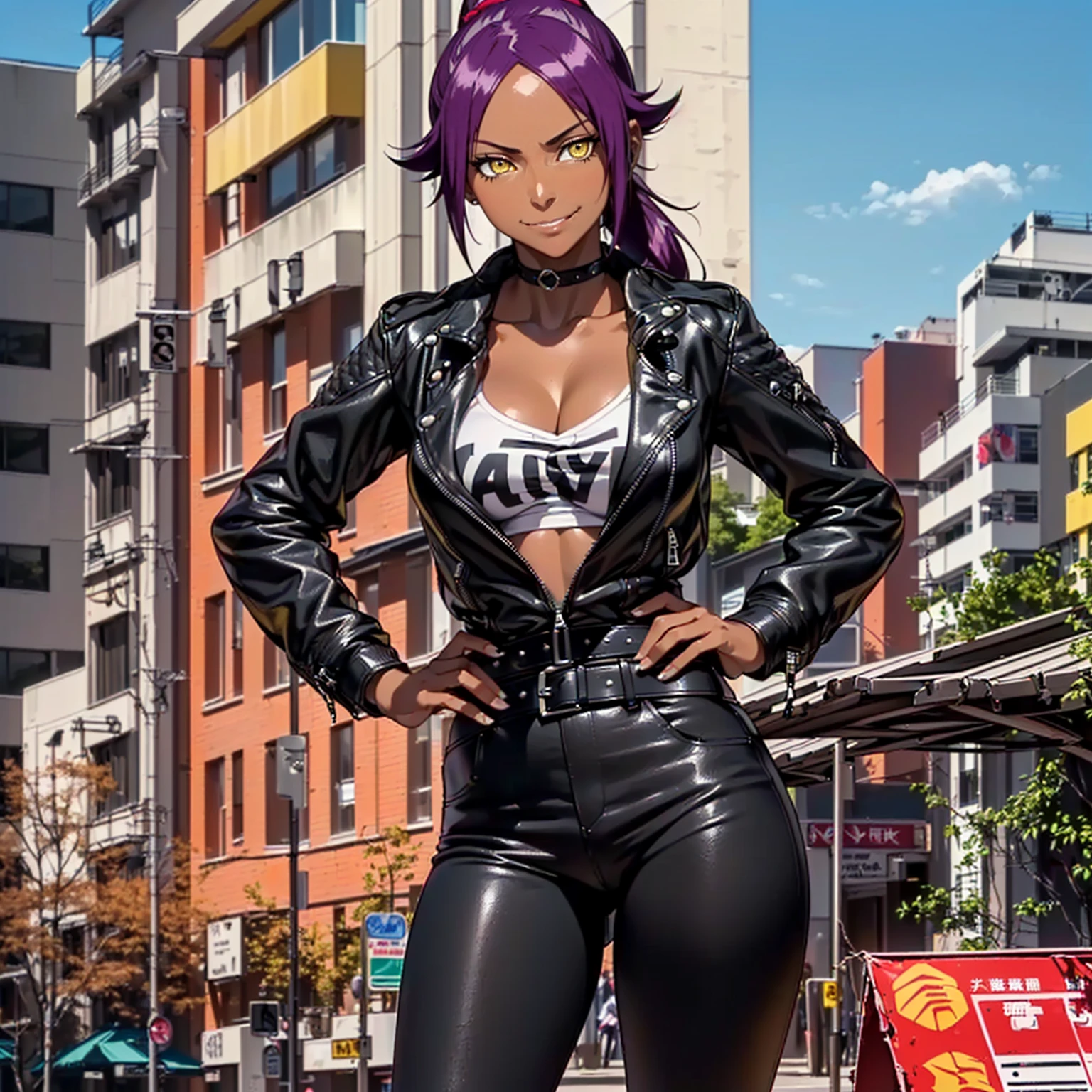 ((1girl, solo ,alone, (yoruichishihouin, yellow eyes, yoruichi shihouin, long hair, (yellow eyes:1.5), shihouin yoruichi, ponytail, purple hair, dark skin, dark-skinned female), masterpiece, detailed eyes)), ((solo, 1woman, Extremely detailed, ambient soft lighting, 4k, perfect eyes, a perfect face, perfect lighting, a 1girl)), austere, ((fitness,, shapely body, athletic body, toned body)), (( biker woman, rocker woman, punk woman, black jacket, leather jacket, black pants, leather pants, belt, city, park, square, trees, buildings, sunny day, smug, smug smile ))